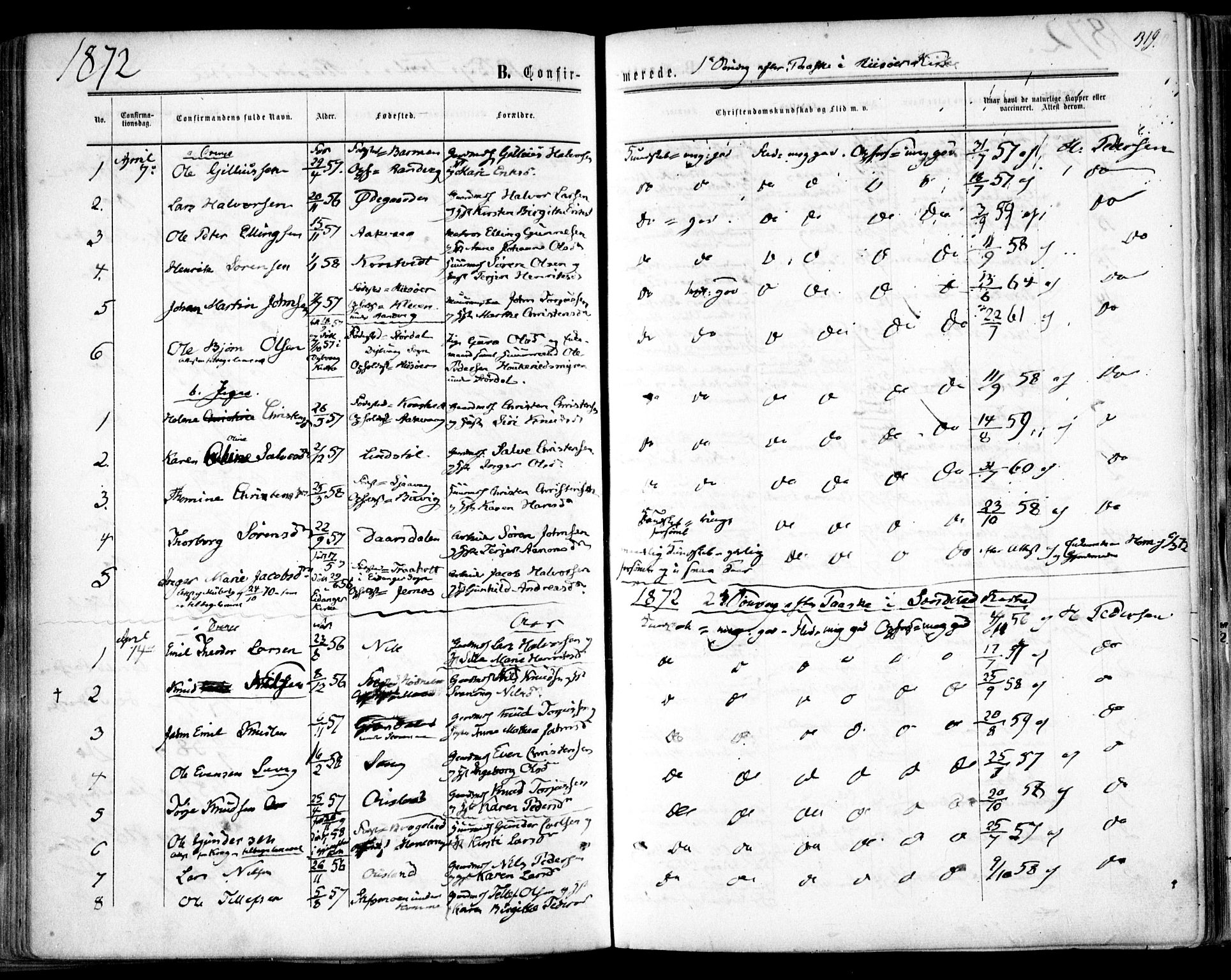 Søndeled sokneprestkontor, SAK/1111-0038/F/Fa/L0003: Parish register (official) no. A 3, 1861-1879, p. 319