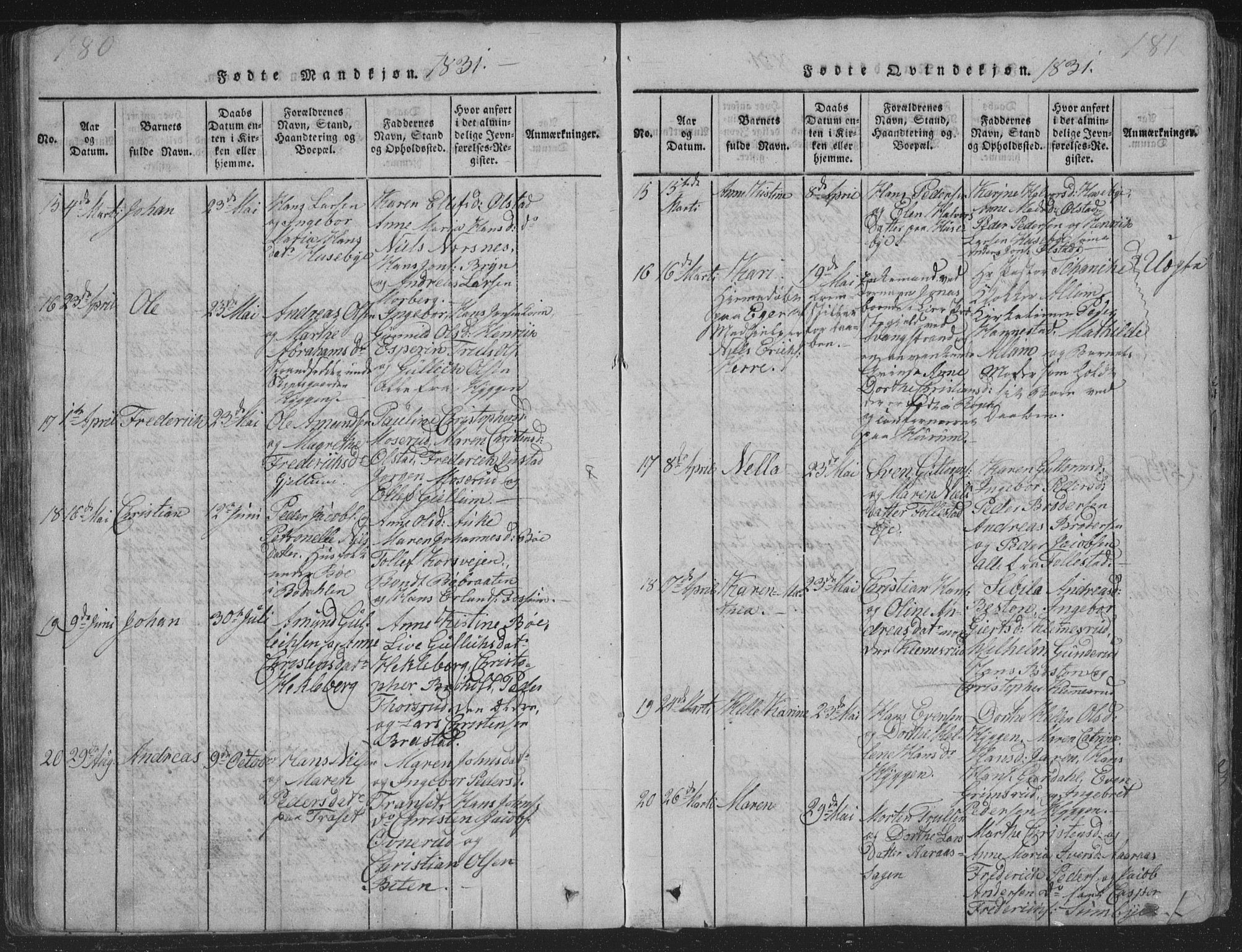 Røyken kirkebøker, AV/SAKO-A-241/G/Ga/L0003: Parish register (copy) no. 3, 1814-1856, p. 180-181