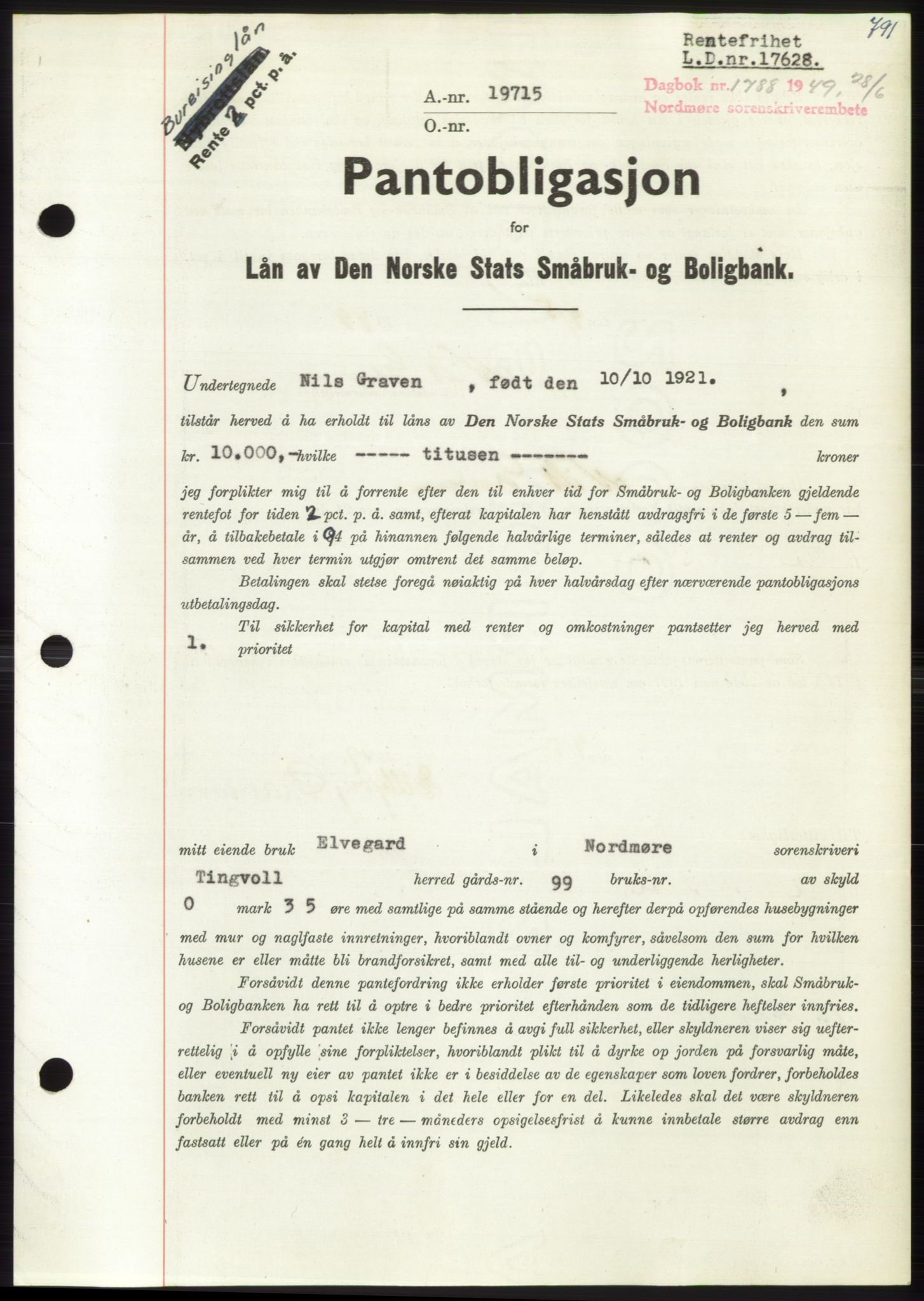 Nordmøre sorenskriveri, AV/SAT-A-4132/1/2/2Ca: Mortgage book no. B101, 1949-1949, Diary no: : 1788/1949