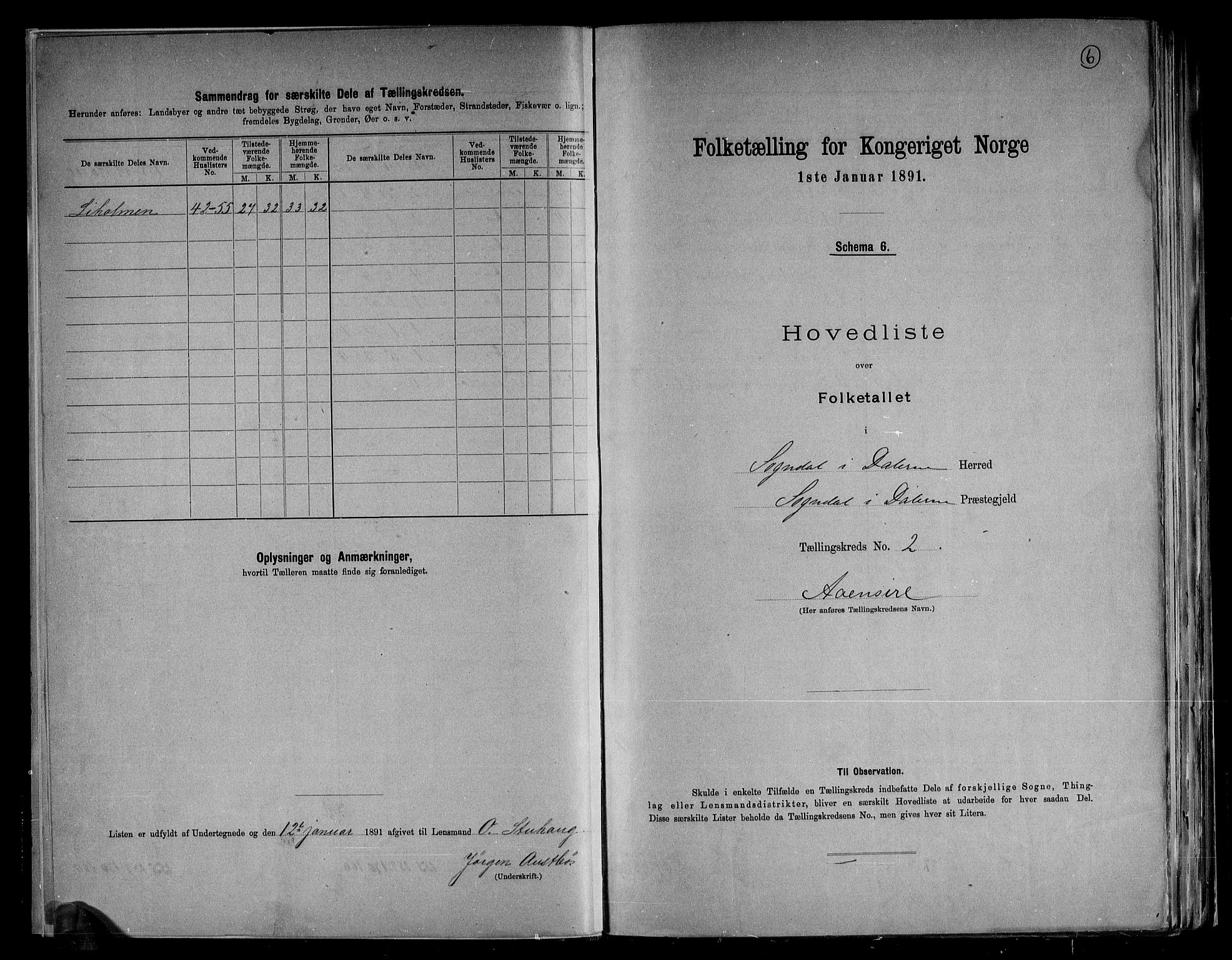 RA, 1891 census for 1111 Sokndal, 1891, p. 6