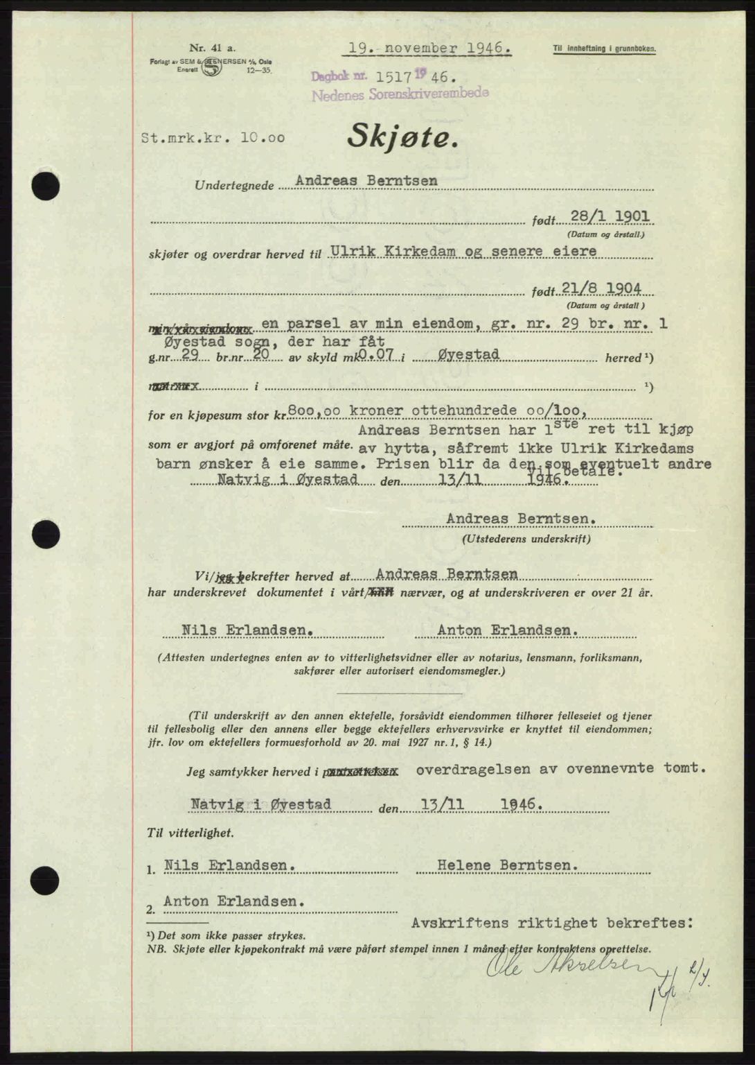 Nedenes sorenskriveri, SAK/1221-0006/G/Gb/Gba/L0056: Mortgage book no. A8, 1946-1947, Diary no: : 1517/1946