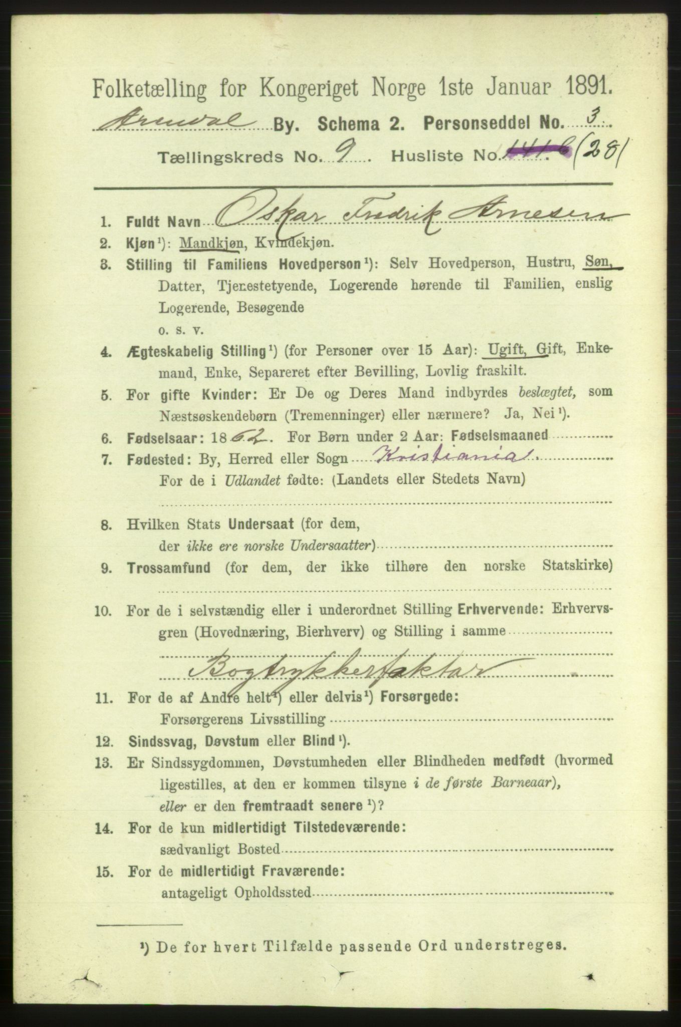 RA, 1891 census for 0903 Arendal, 1891, p. 3512