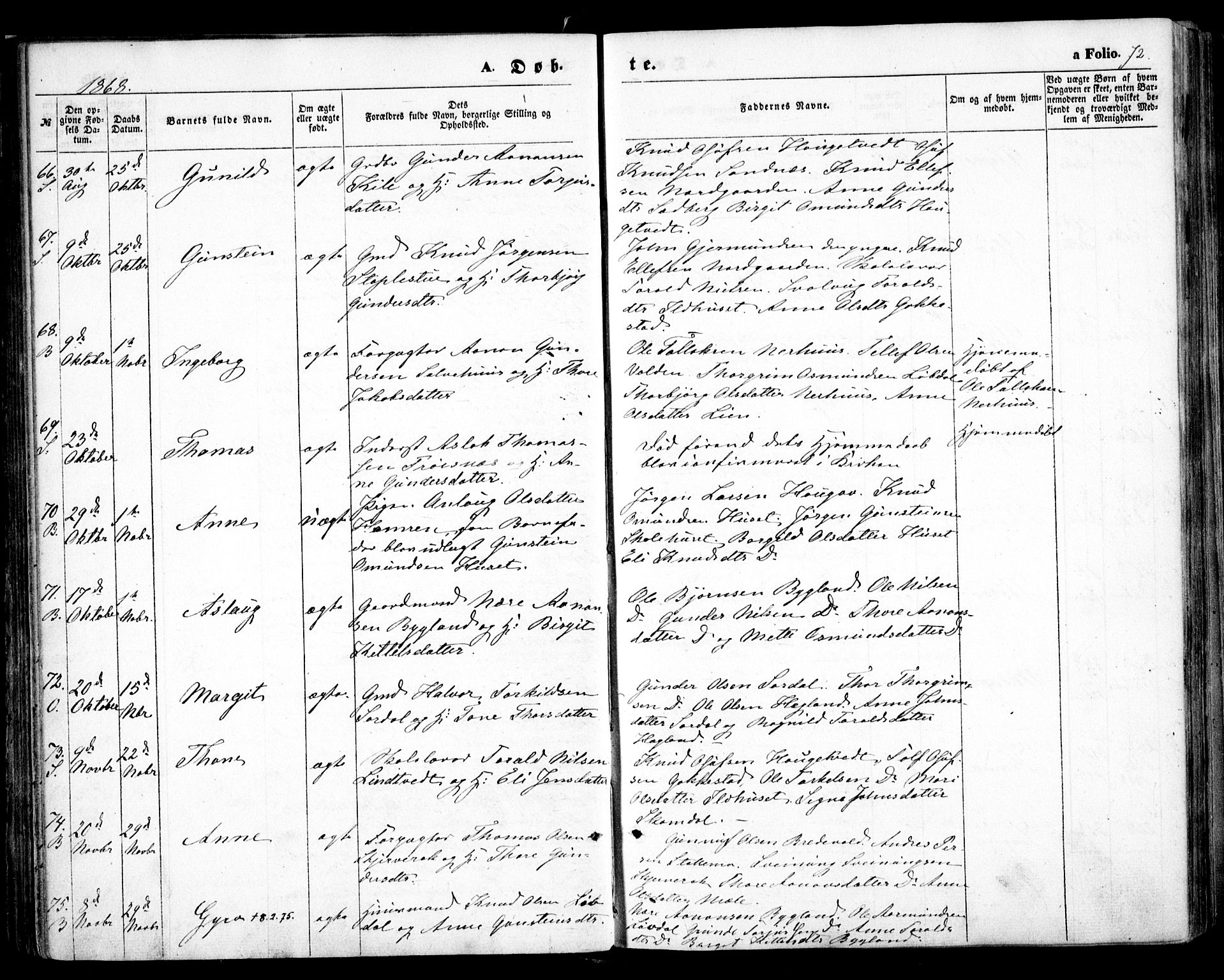 Bygland sokneprestkontor, AV/SAK-1111-0006/F/Fa/Fab/L0005: Parish register (official) no. A 5, 1859-1873, p. 72