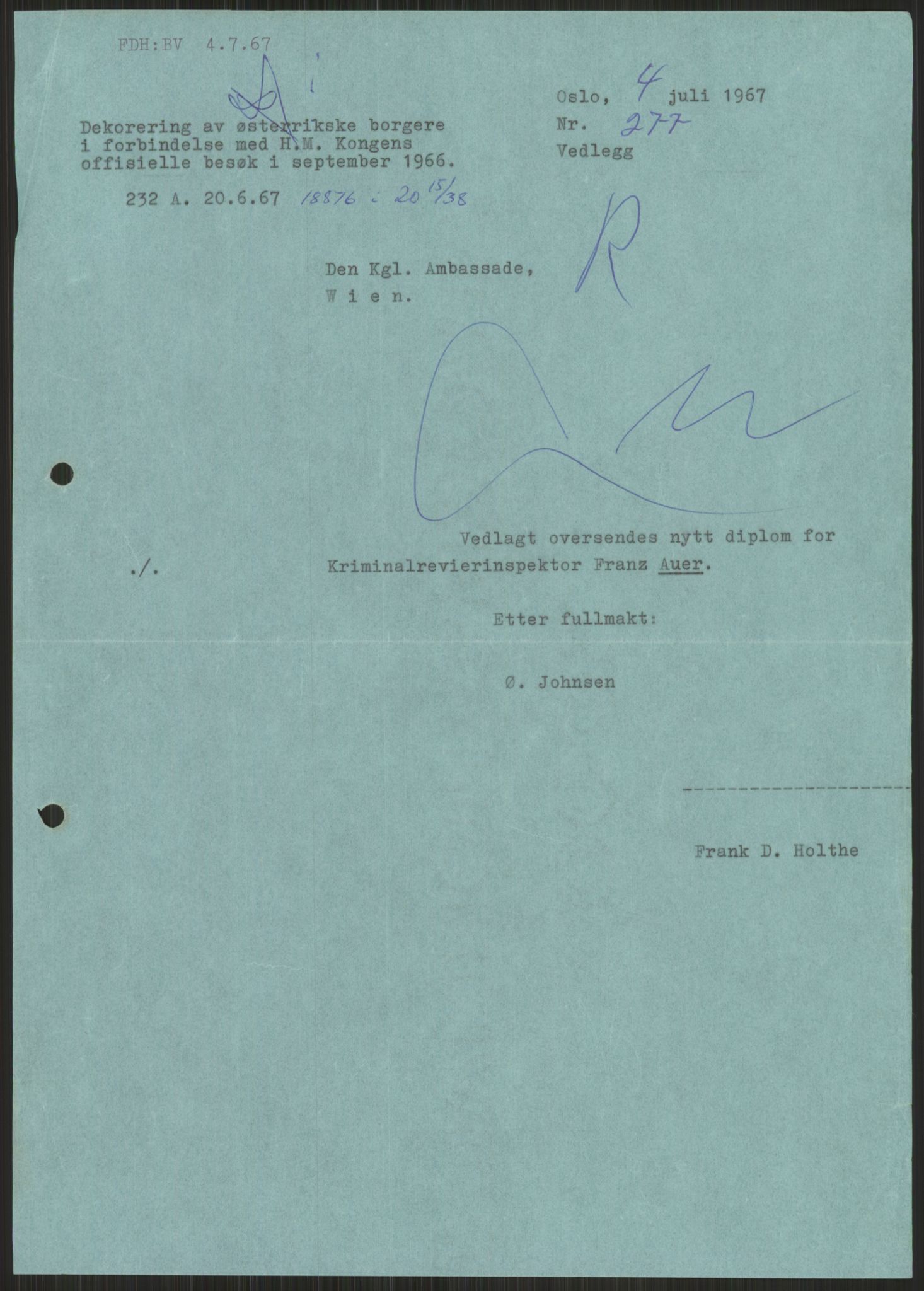 Utenriksdepartementet, hovedarkiv, AV/RA-S-6794/D/Da/Daa/L0542: Ordensvesen. Statsoverhoders og fyrsters jubiléer og begravelser. Ordensvesen. Statsoverhoders og fyrsters jubiléer og begravelser. Statsjubiléer. Fyrstebesøk (utvekslinger). Flåtebesøk (utvekslinger), 1960-1969, p. 11