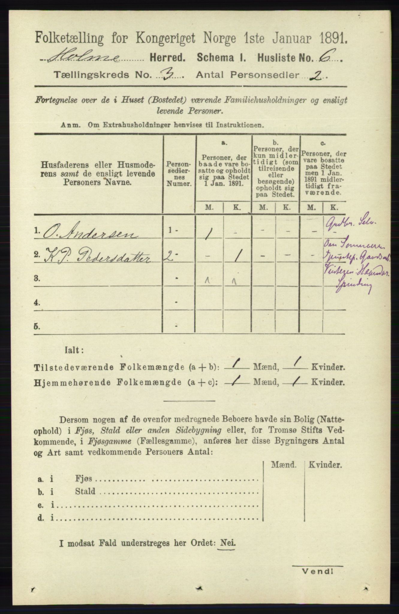 RA, 1891 census for 1020 Holum, 1891, p. 783