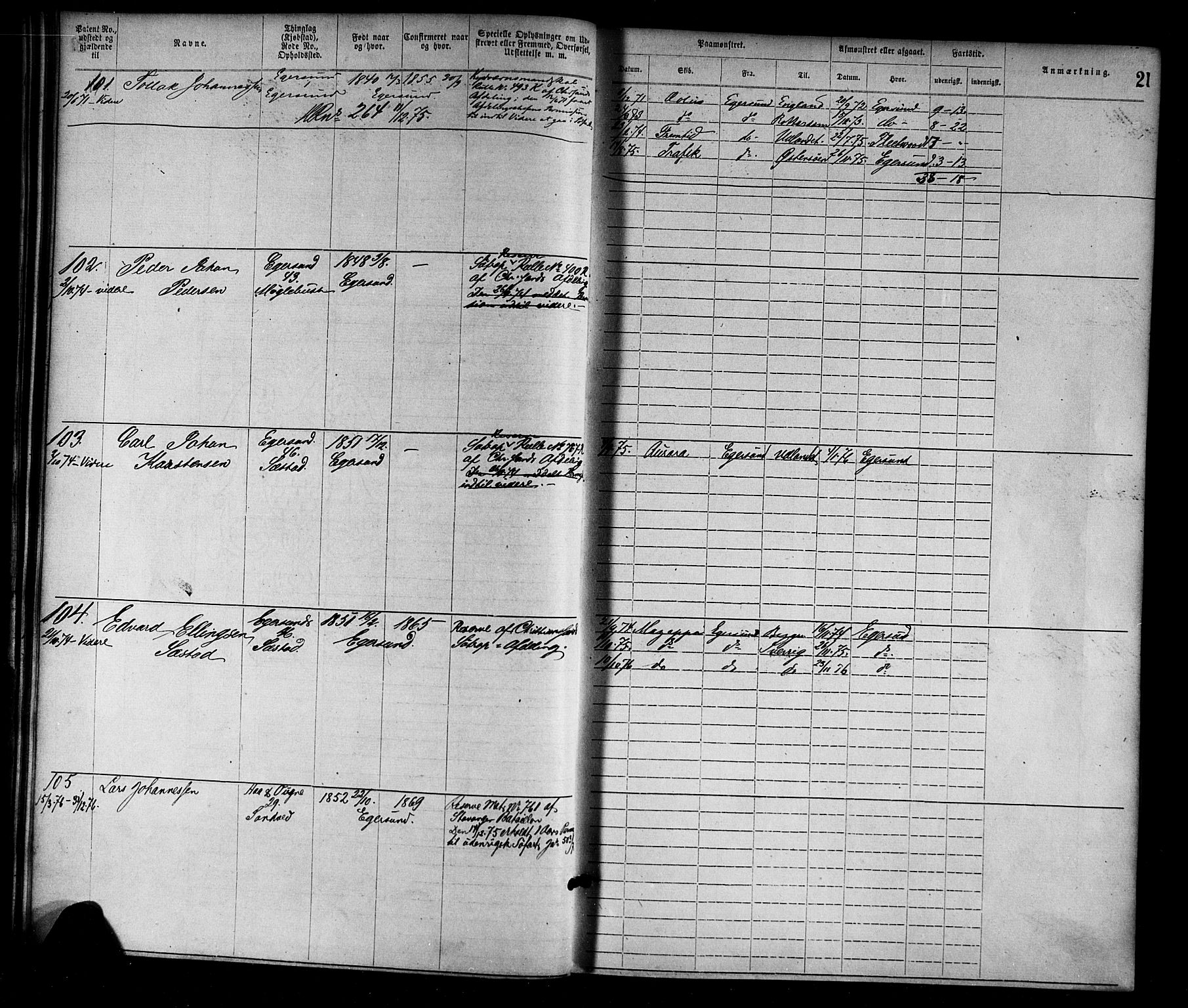 Egersund mønstringskrets, SAK/2031-0019/F/Fa/L0001: Annotasjonsrulle nr 1-1440 med register, O-1, 1869-1895, p. 36