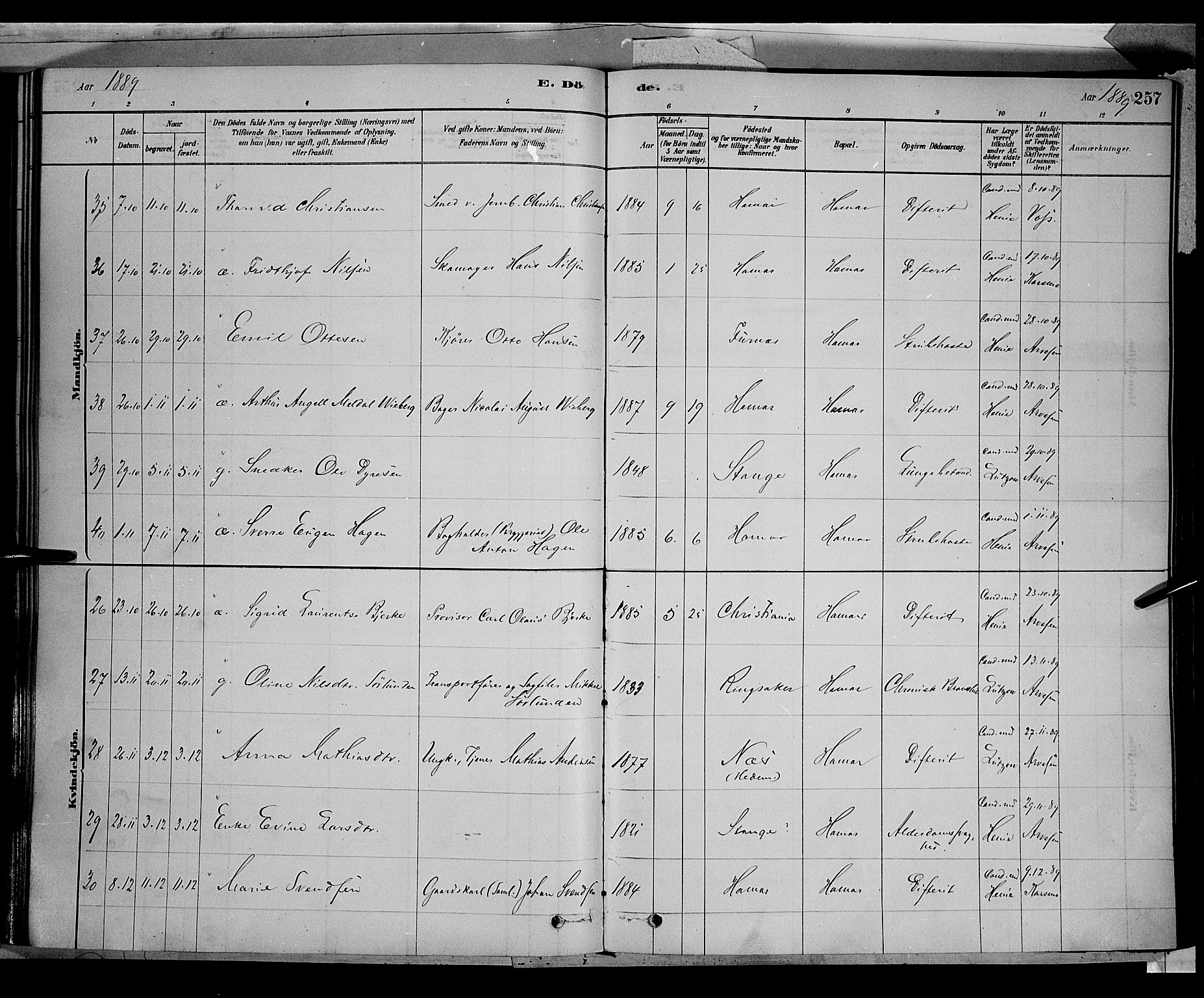 Vang prestekontor, Hedmark, AV/SAH-PREST-008/H/Ha/Haa/L0016: Parish register (official) no. 16, 1878-1889, p. 257