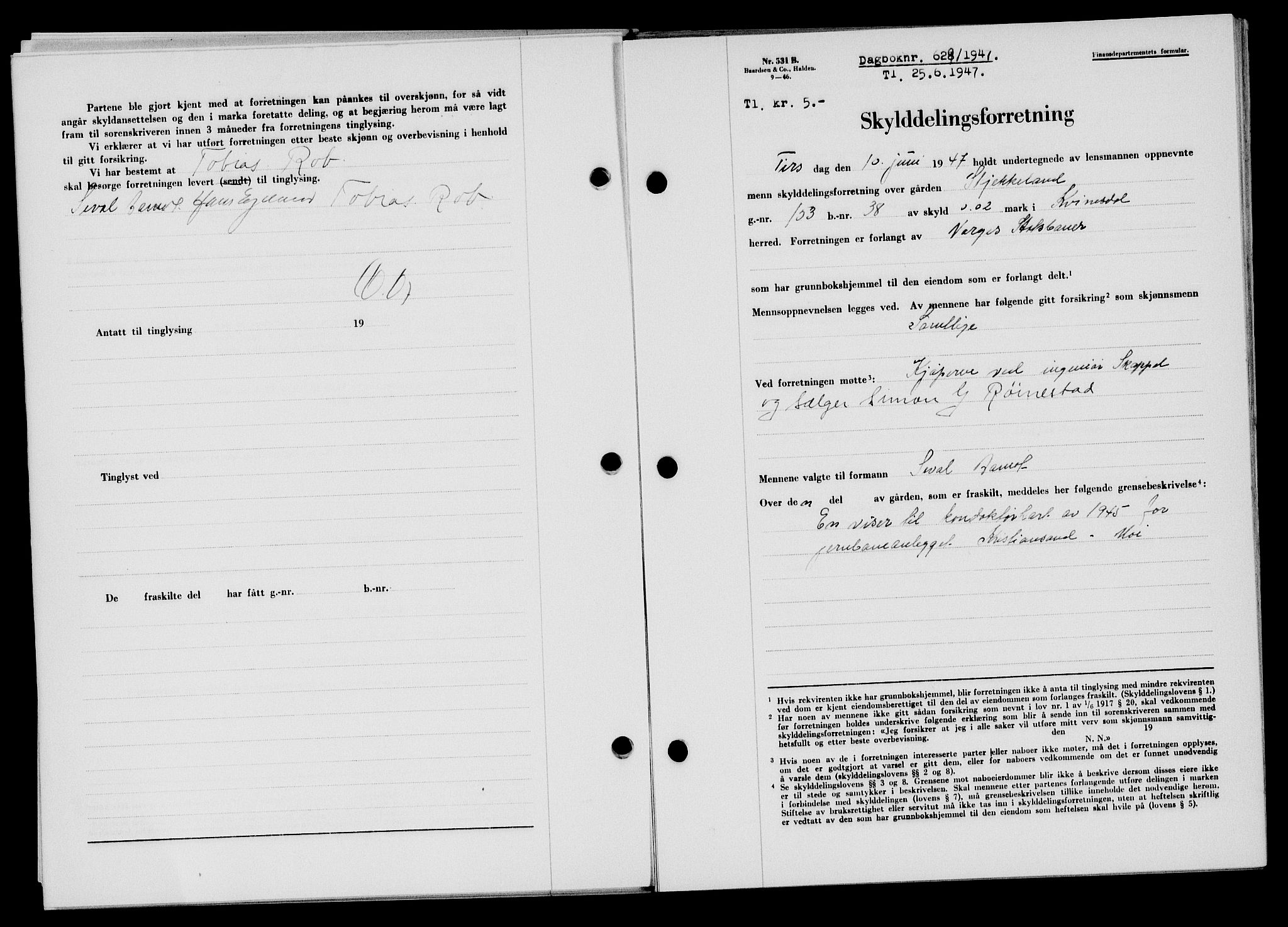 Flekkefjord sorenskriveri, SAK/1221-0001/G/Gb/Gba/L0062: Mortgage book no. A-10, 1947-1947, Diary no: : 629/1947