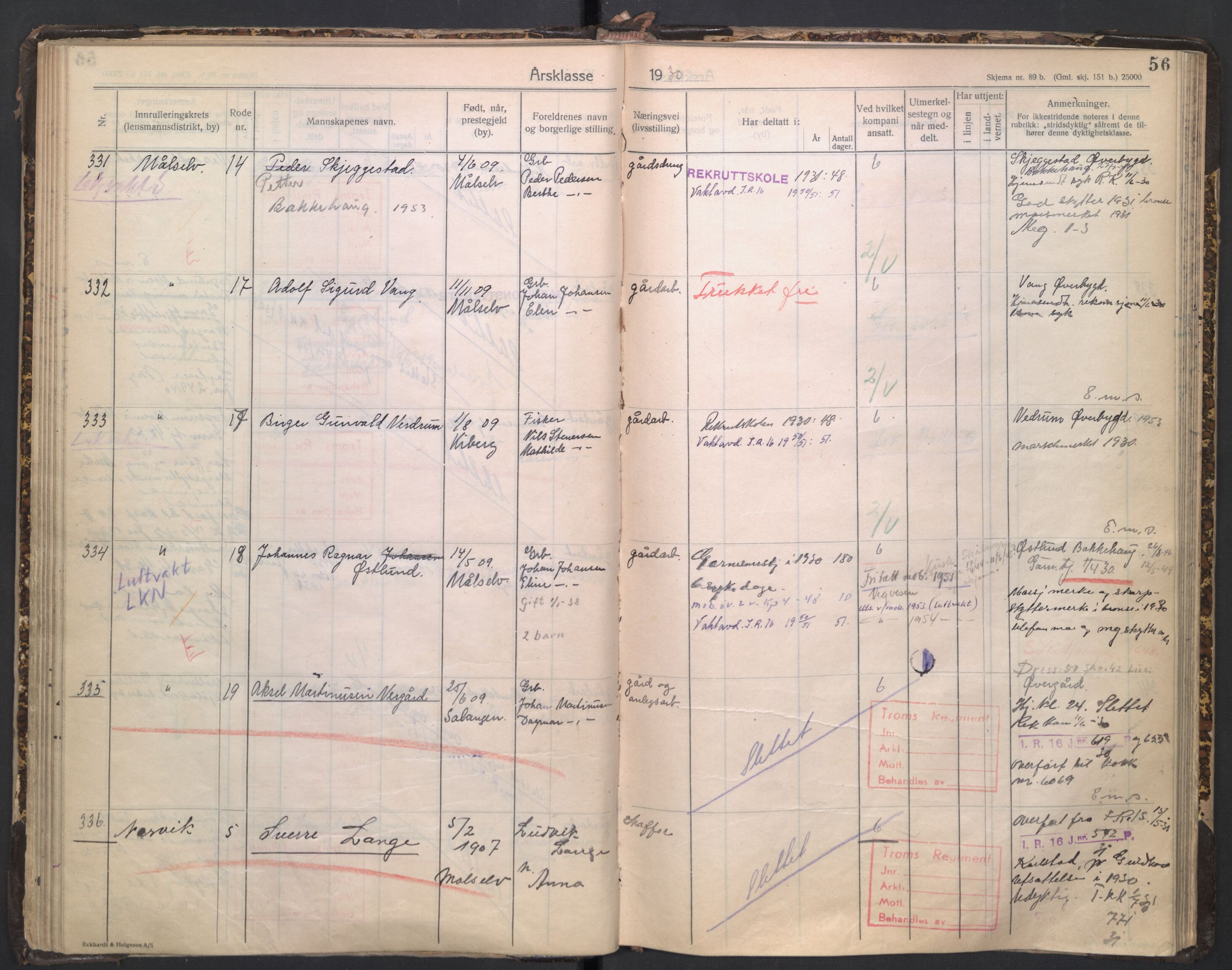 Forsvaret, Troms infanteriregiment nr. 16, AV/RA-RAFA-3146/P/Pa/L0005/0003: Ruller / Rulle for regimentets stridende menige mannskaper, årsklasse 1930, 1930, p. 56