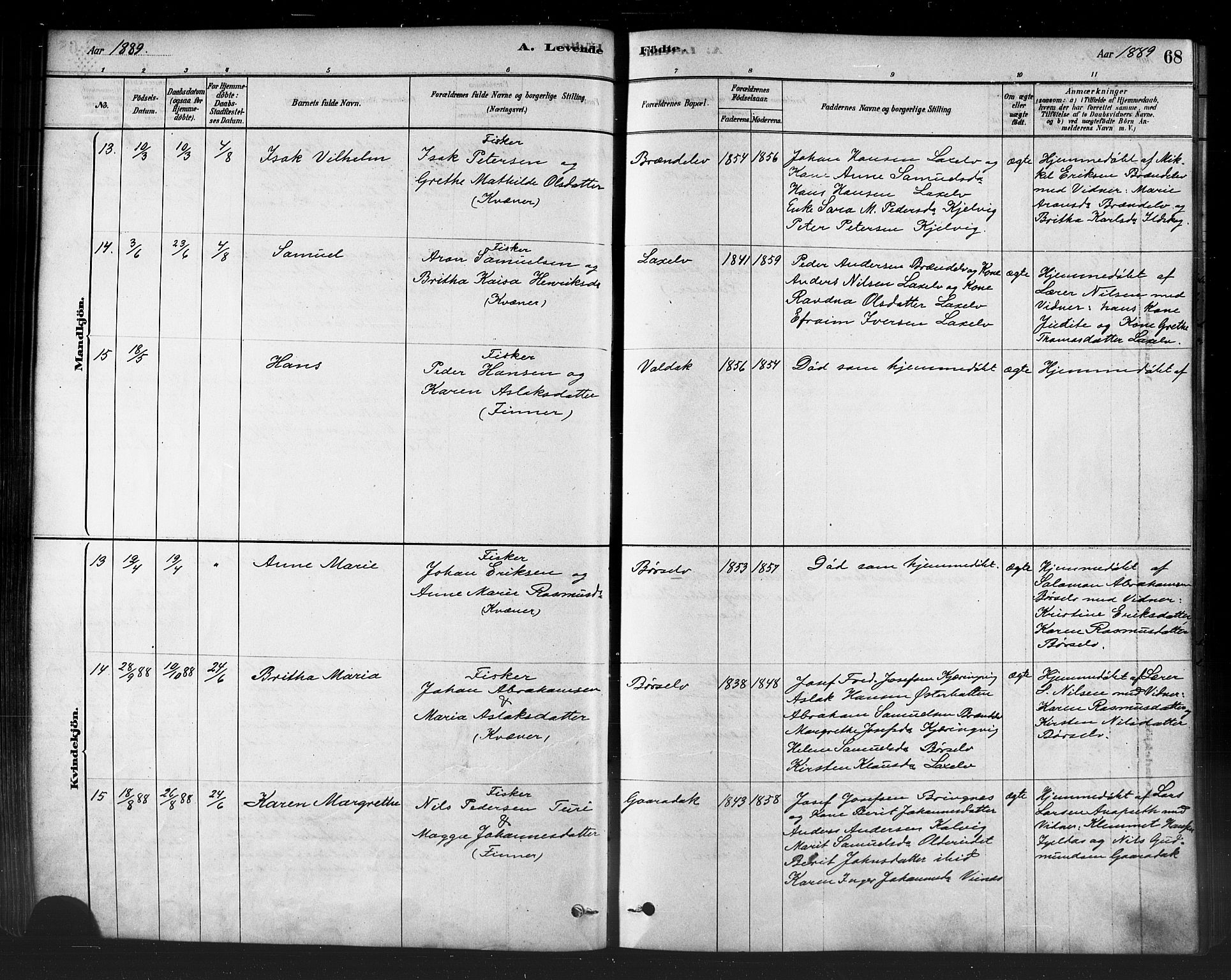 Kistrand/Porsanger sokneprestembete, AV/SATØ-S-1351/H/Ha/L0007.kirke: Parish register (official) no. 7, 1881-1889, p. 68