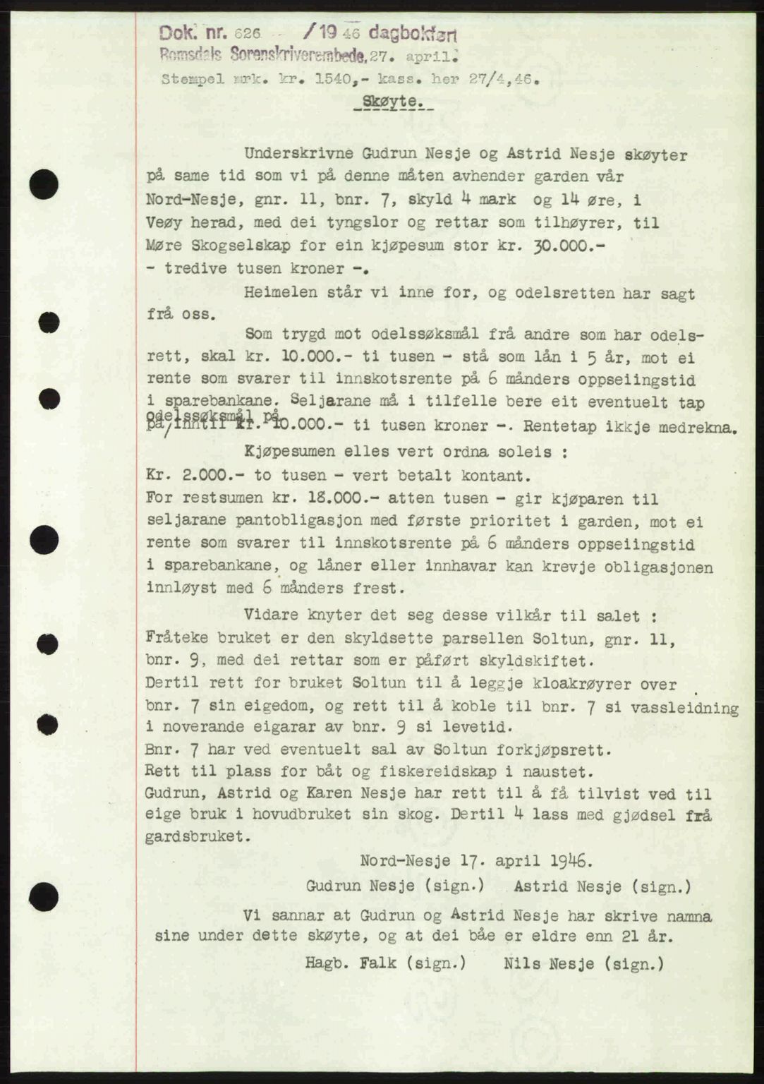 Romsdal sorenskriveri, SAT/A-4149/1/2/2C: Mortgage book no. A19, 1946-1946, Diary no: : 626/1946