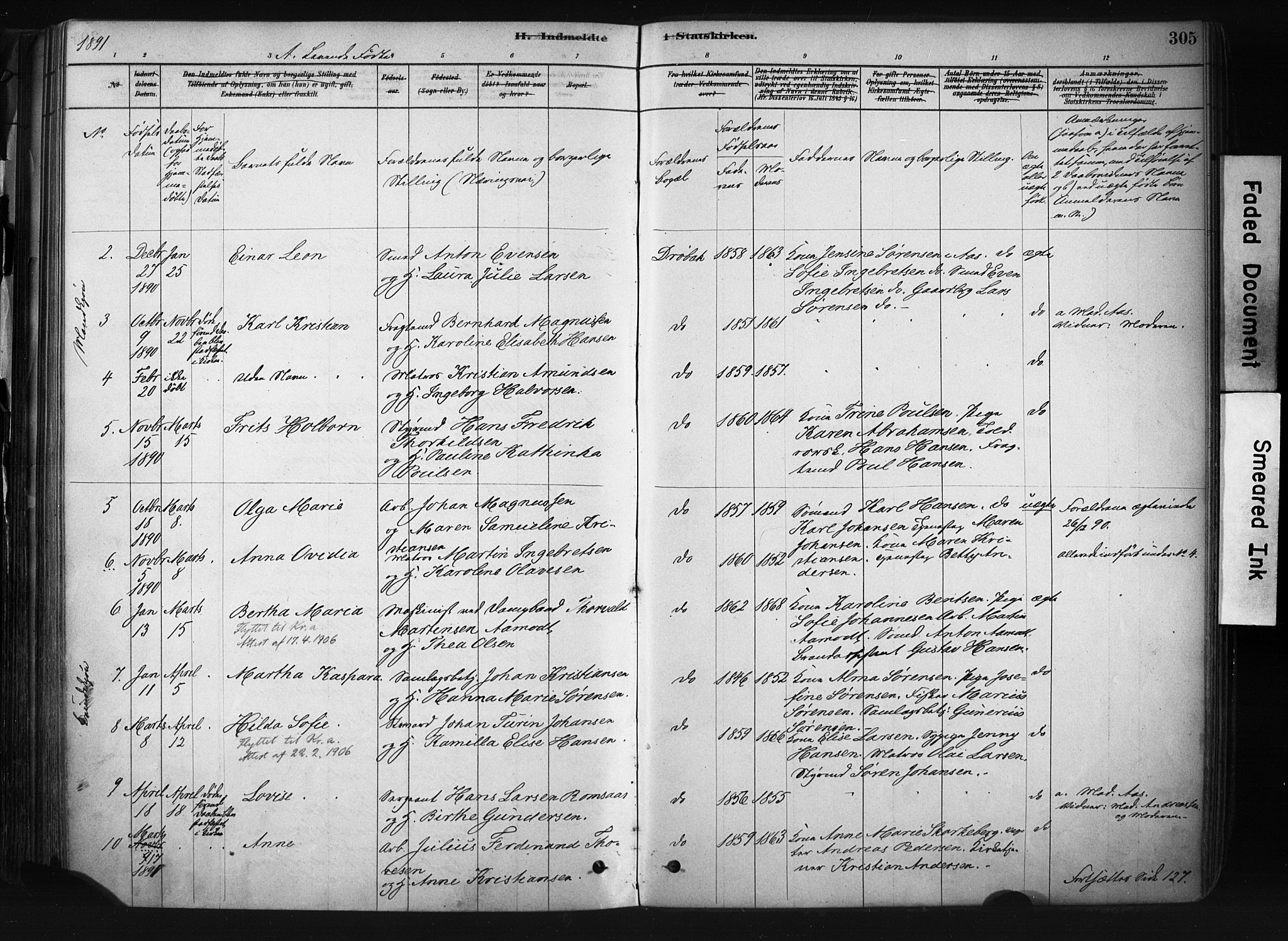 Drøbak prestekontor Kirkebøker, AV/SAO-A-10142a/F/Fb/L0001: Parish register (official) no. II 1, 1878-1891, p. 305