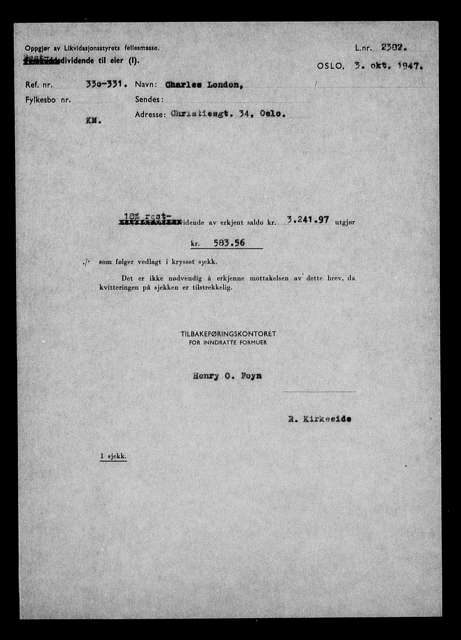 Justisdepartementet, Tilbakeføringskontoret for inndratte formuer, AV/RA-S-1564/H/Hc/Hcc/L0960: --, 1945-1947, p. 329