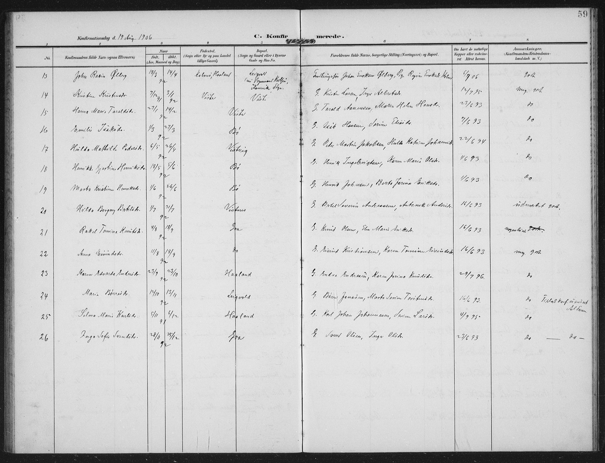Hetland sokneprestkontor, AV/SAST-A-101826/30/30BA: Parish register (official) no. A 14, 1905-1919, p. 59