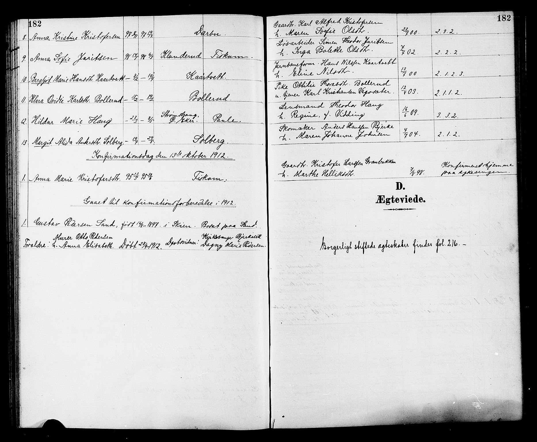 Fiskum kirkebøker, SAKO/A-15/G/Ga/L0005: Parish register (copy) no. 5, 1887-1912, p. 182