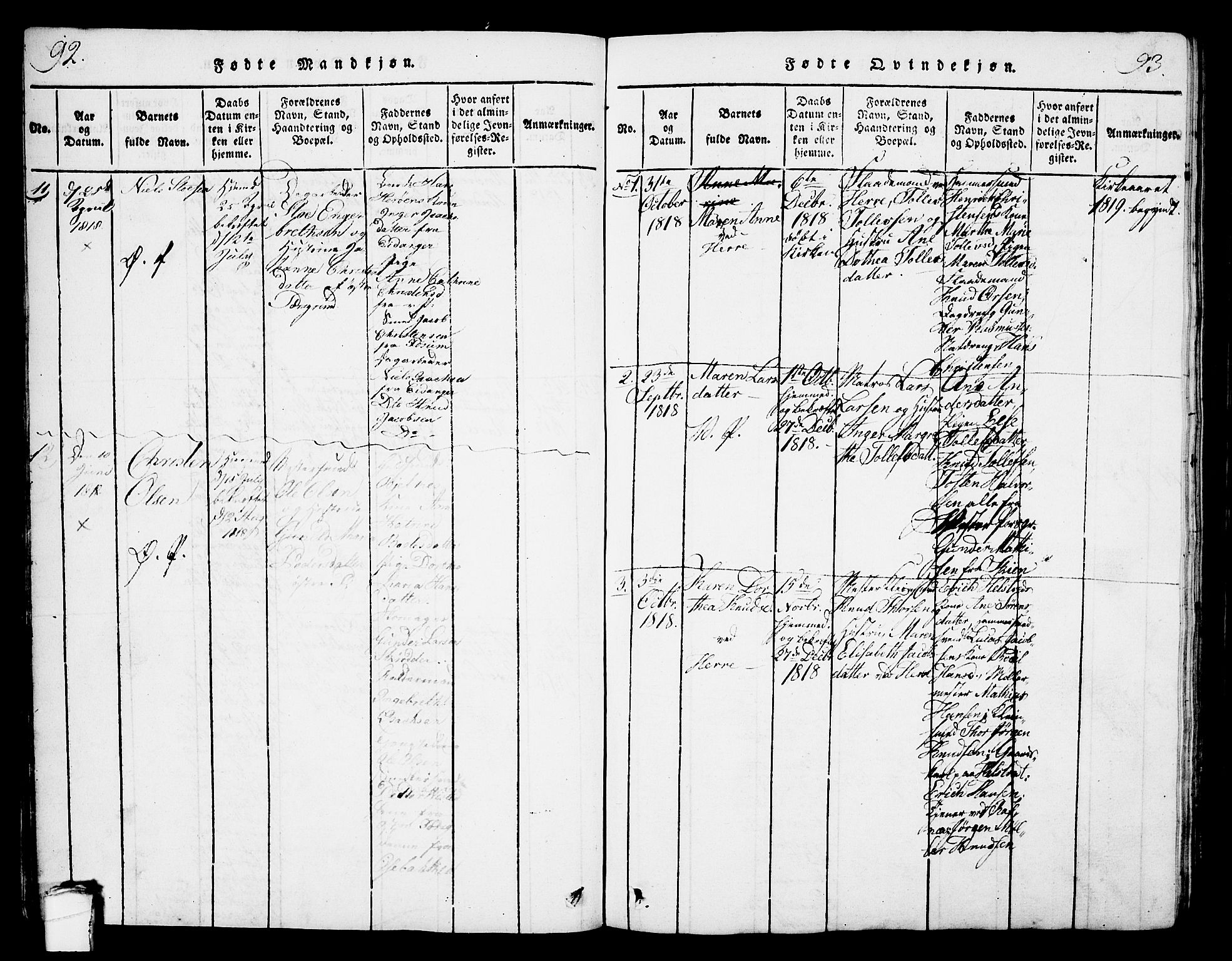 Porsgrunn kirkebøker , SAKO/A-104/G/Gb/L0001: Parish register (copy) no. II 1, 1817-1828, p. 92-93