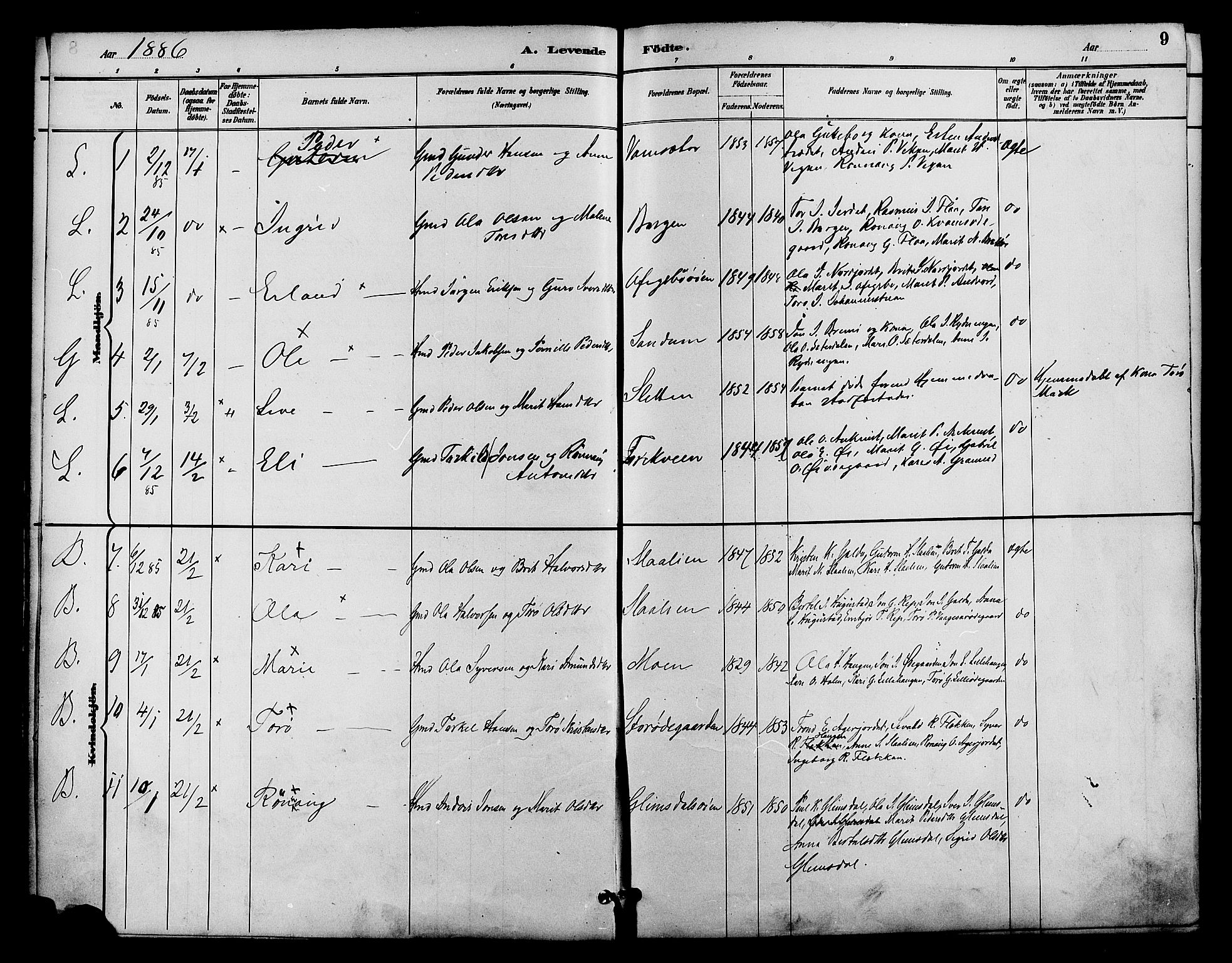 Lom prestekontor, AV/SAH-PREST-070/K/L0008: Parish register (official) no. 8, 1885-1898, p. 9