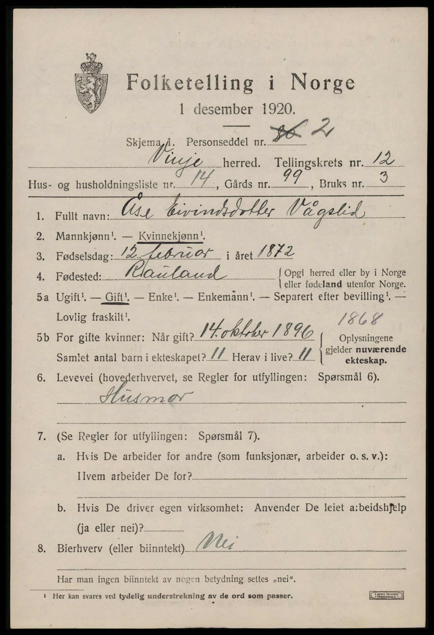 SAKO, 1920 census for Vinje, 1920, p. 4045