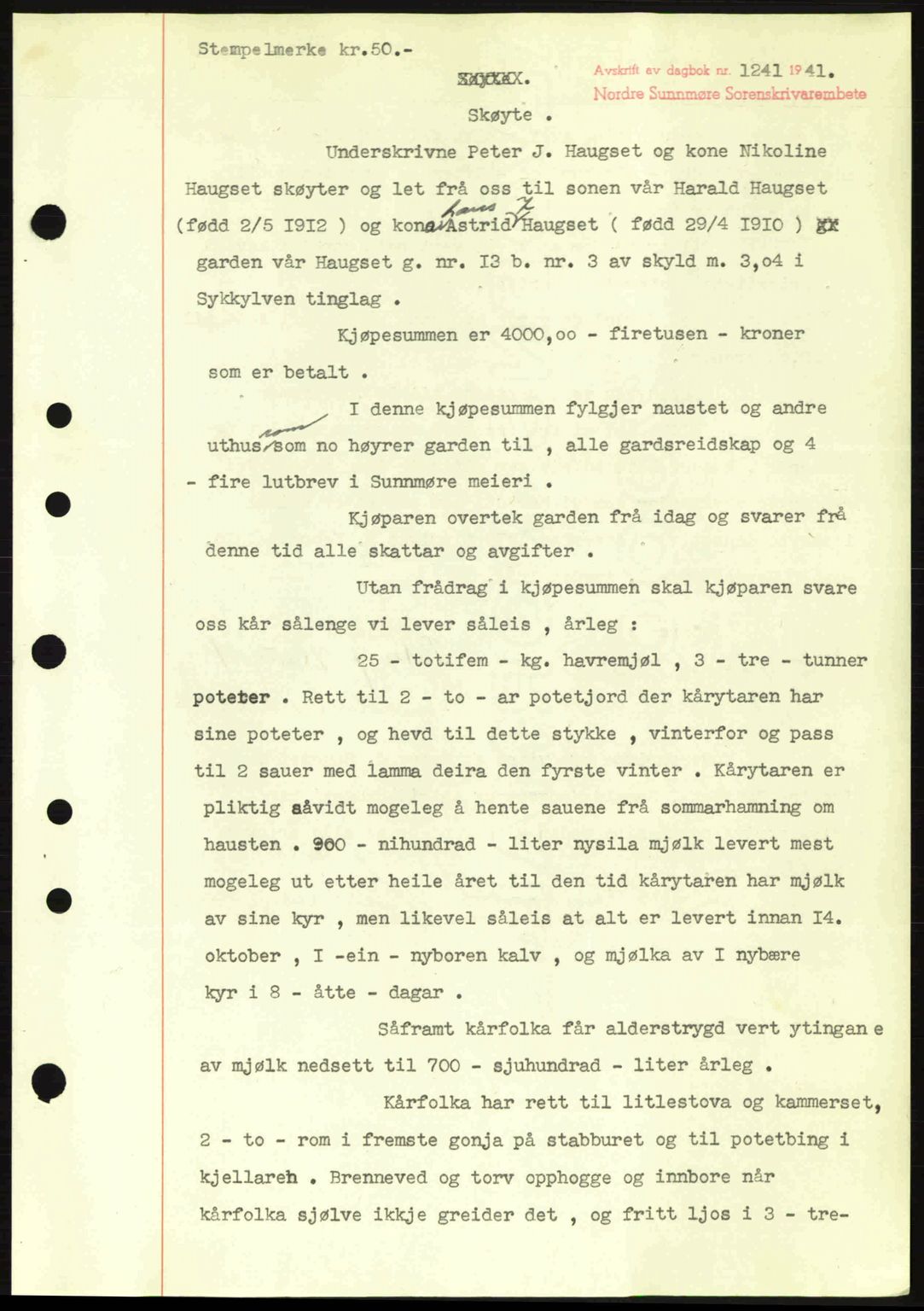 Nordre Sunnmøre sorenskriveri, SAT/A-0006/1/2/2C/2Ca: Mortgage book no. A11, 1941-1941, Diary no: : 1241/1941