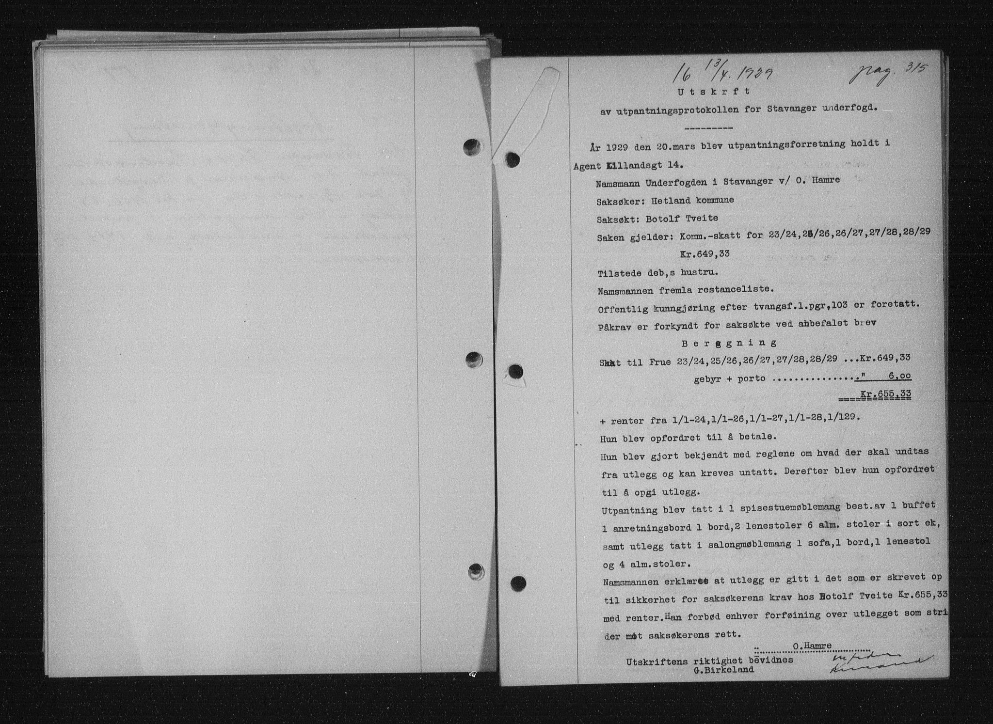 Stavanger byfogd, SAST/A-101408/001/4/41/410/410BB/L0055: Mortgage book no. 43, 1928-1929, Deed date: 13.04.1929