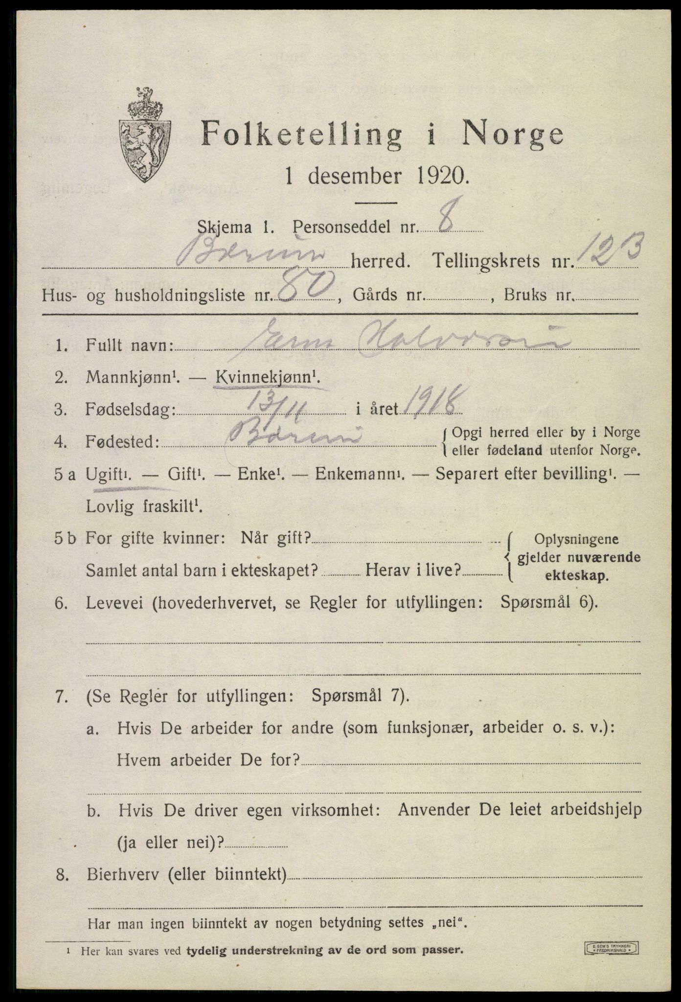 SAO, 1920 census for Bærum, 1920, p. 28766