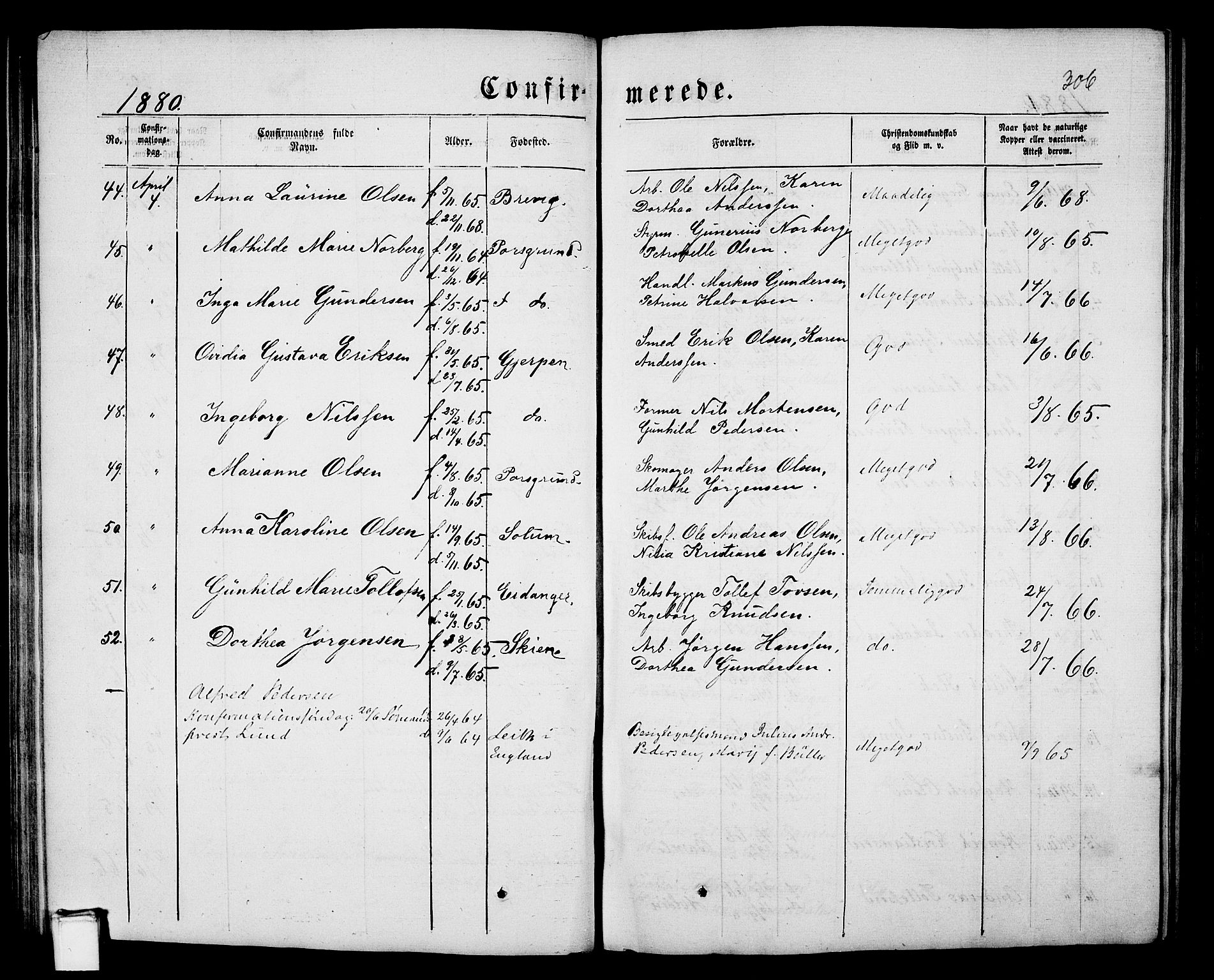 Porsgrunn kirkebøker , SAKO/A-104/G/Gb/L0004: Parish register (copy) no. II 4, 1853-1882, p. 306