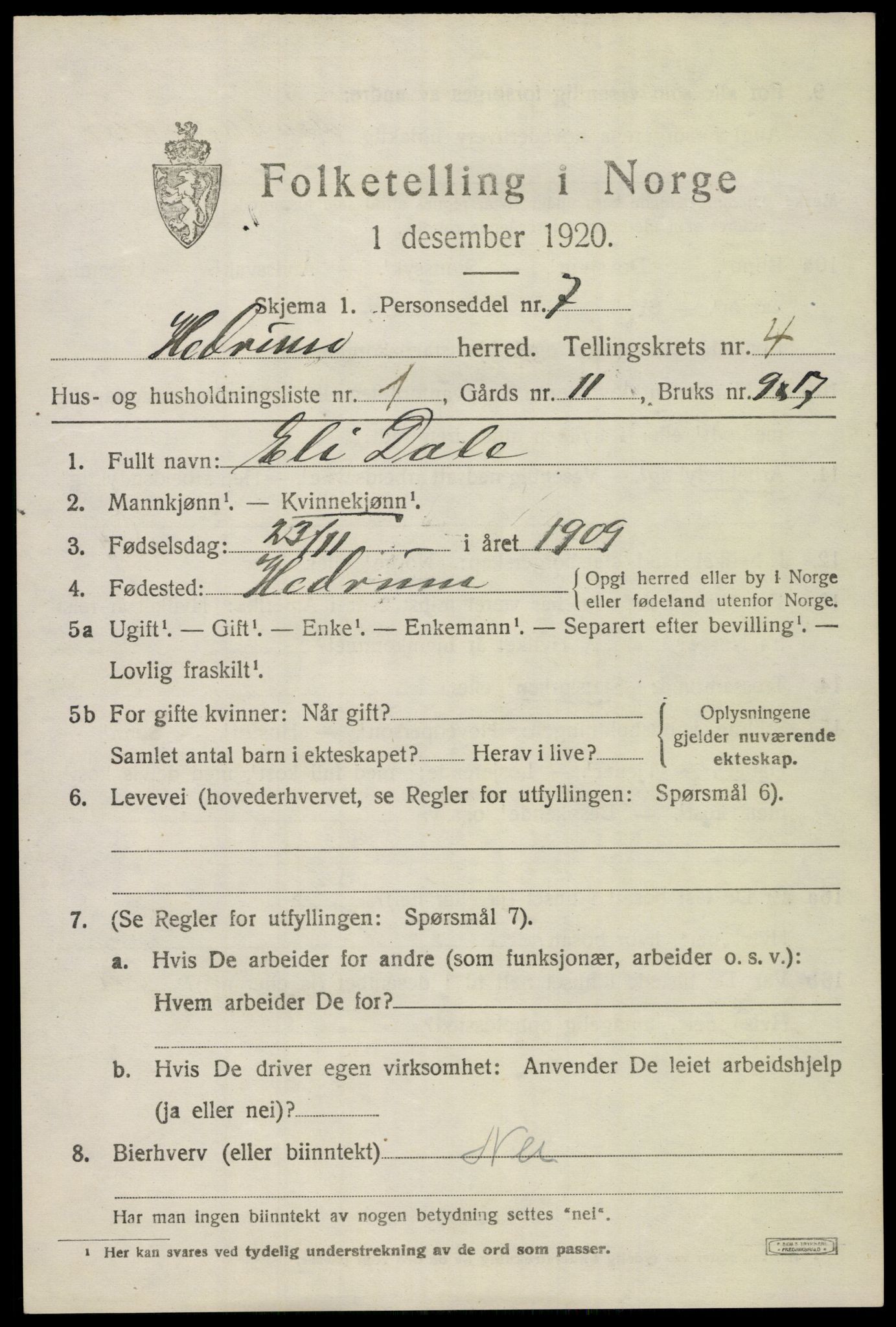 SAKO, 1920 census for Hedrum, 1920, p. 4005