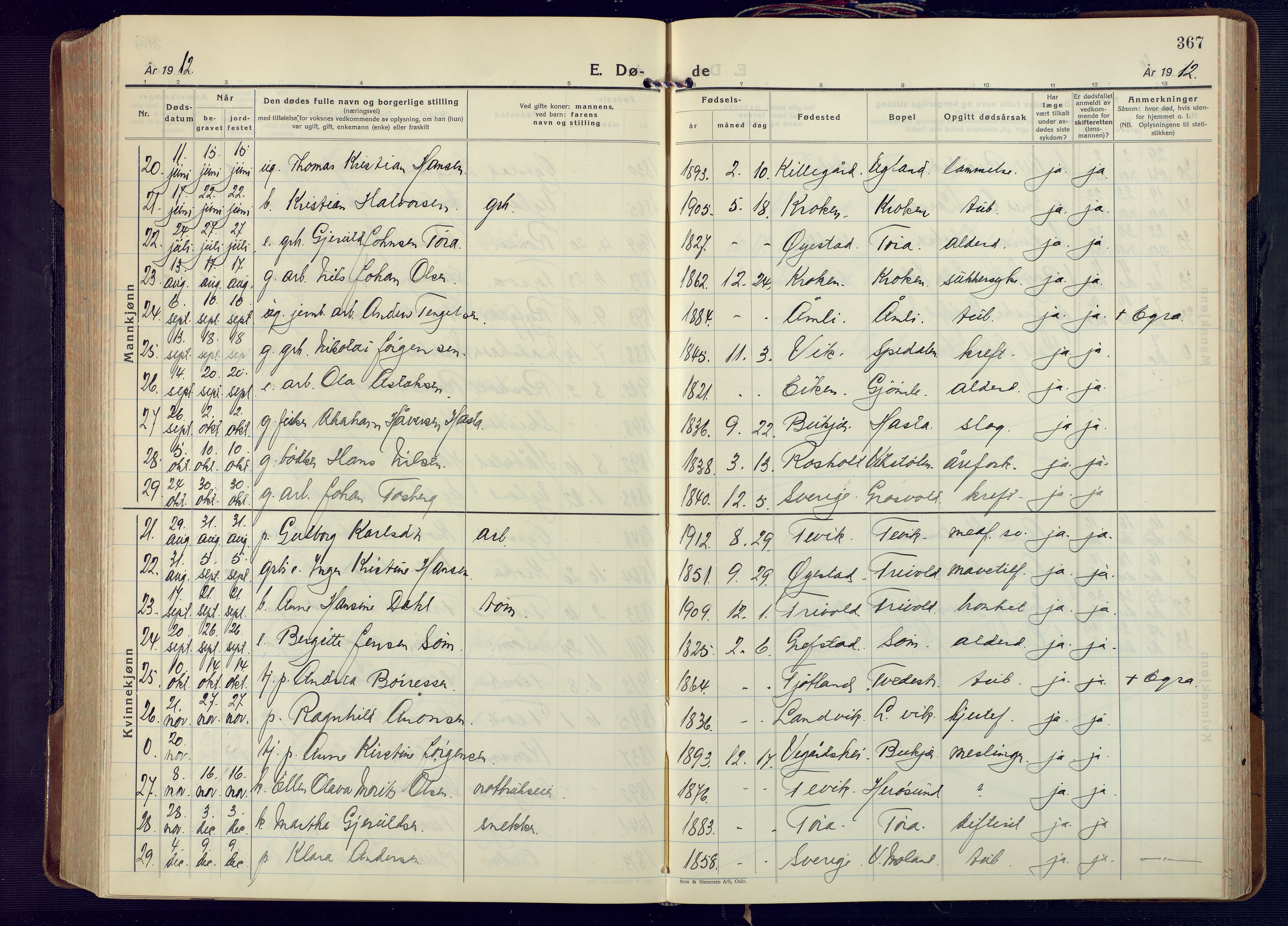 Fjære sokneprestkontor, SAK/1111-0011/F/Fa/L0004: Parish register (official) no. A 4, 1902-1925, p. 367