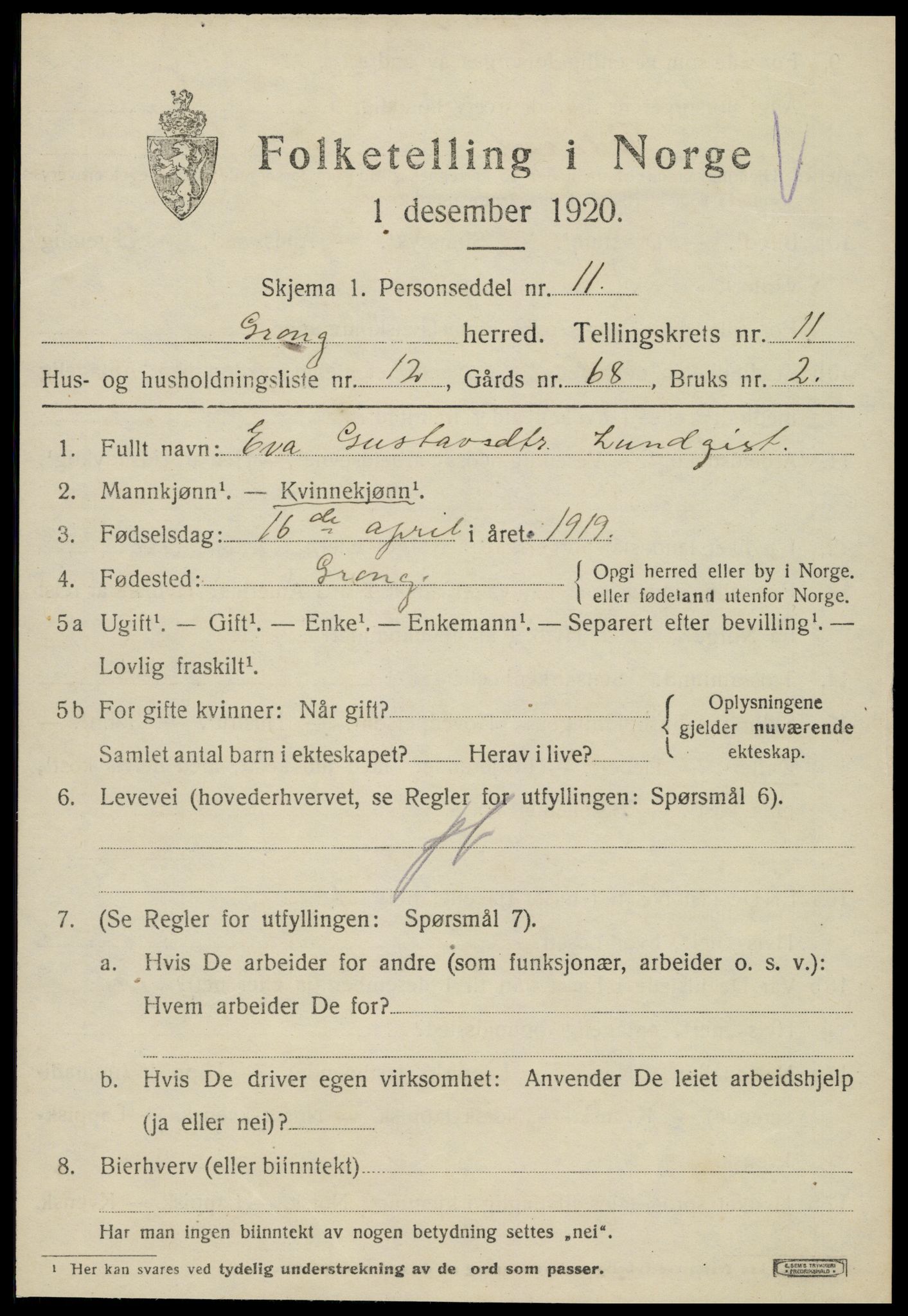 SAT, 1920 census for Grong, 1920, p. 6523