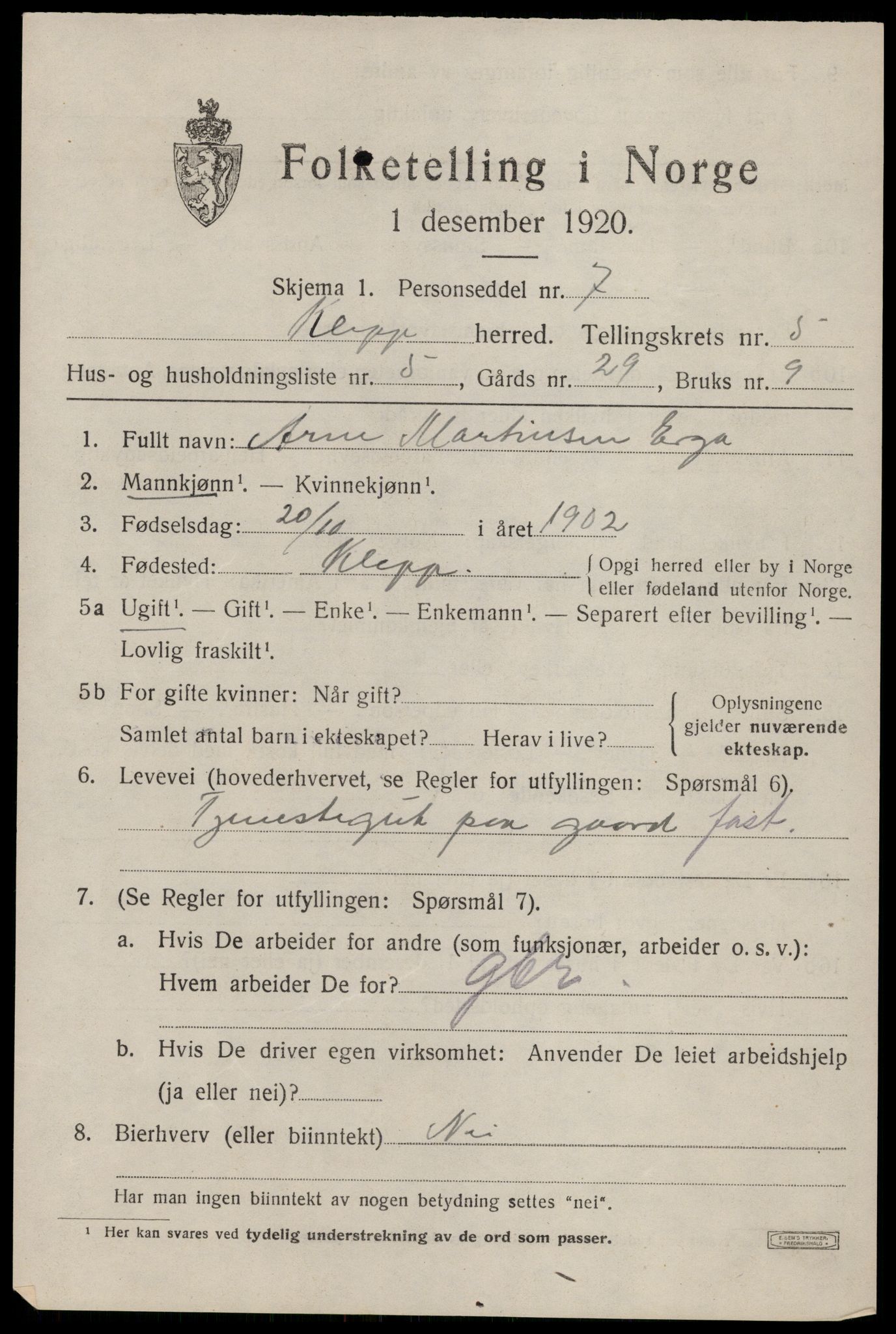 SAST, 1920 census for Klepp, 1920, p. 5396