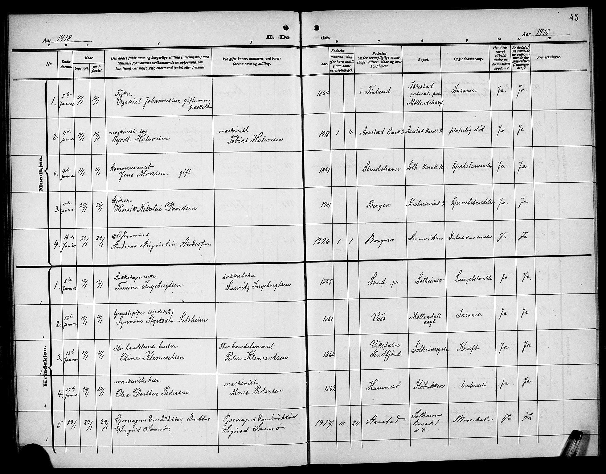 Årstad Sokneprestembete, SAB/A-79301/H/Hab/L0024: Parish register (copy) no. D 1, 1915-1922, p. 45