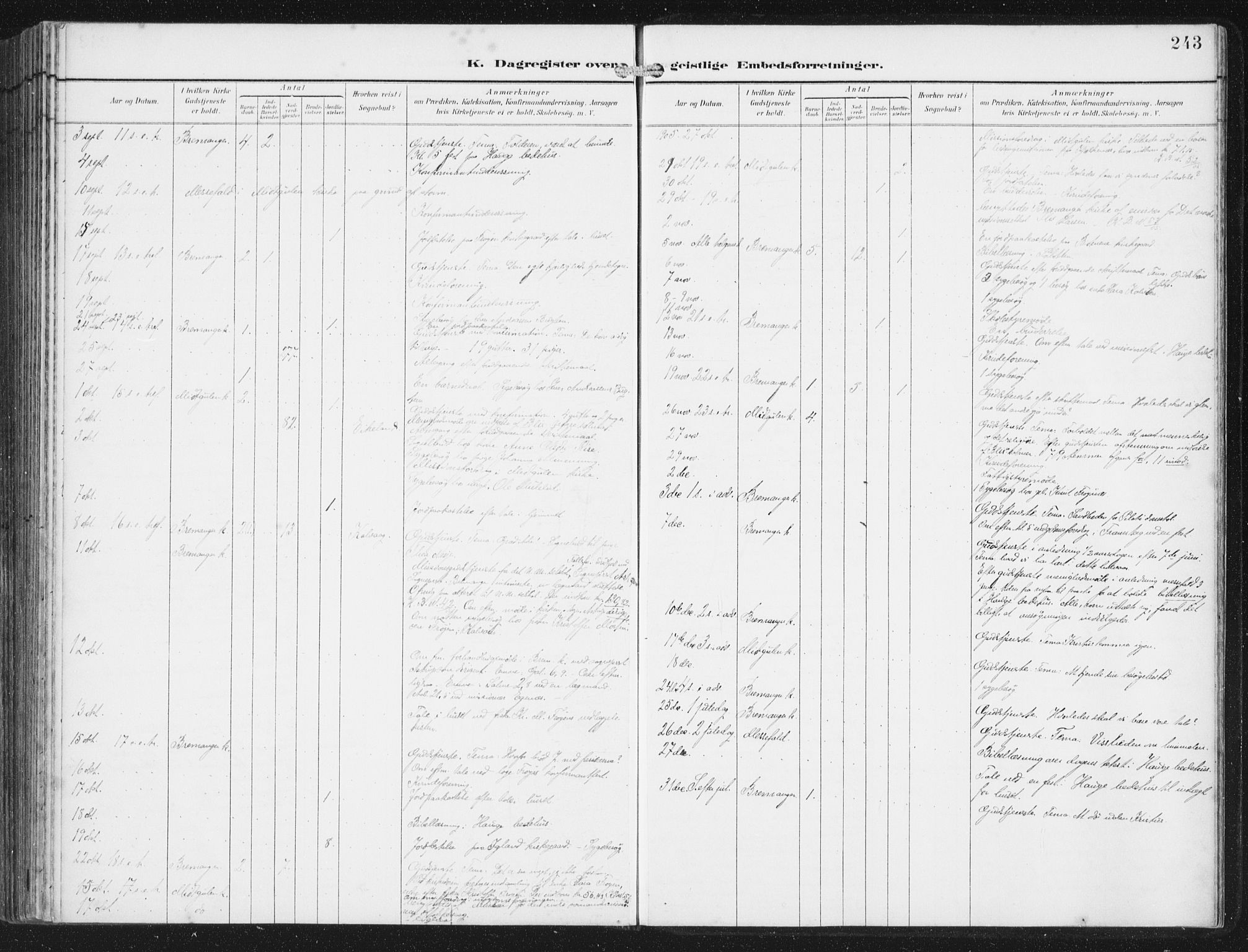 Bremanger sokneprestembete, AV/SAB-A-82201/H/Haa/Haab/L0002: Parish register (official) no. B  2, 1896-1908, p. 243