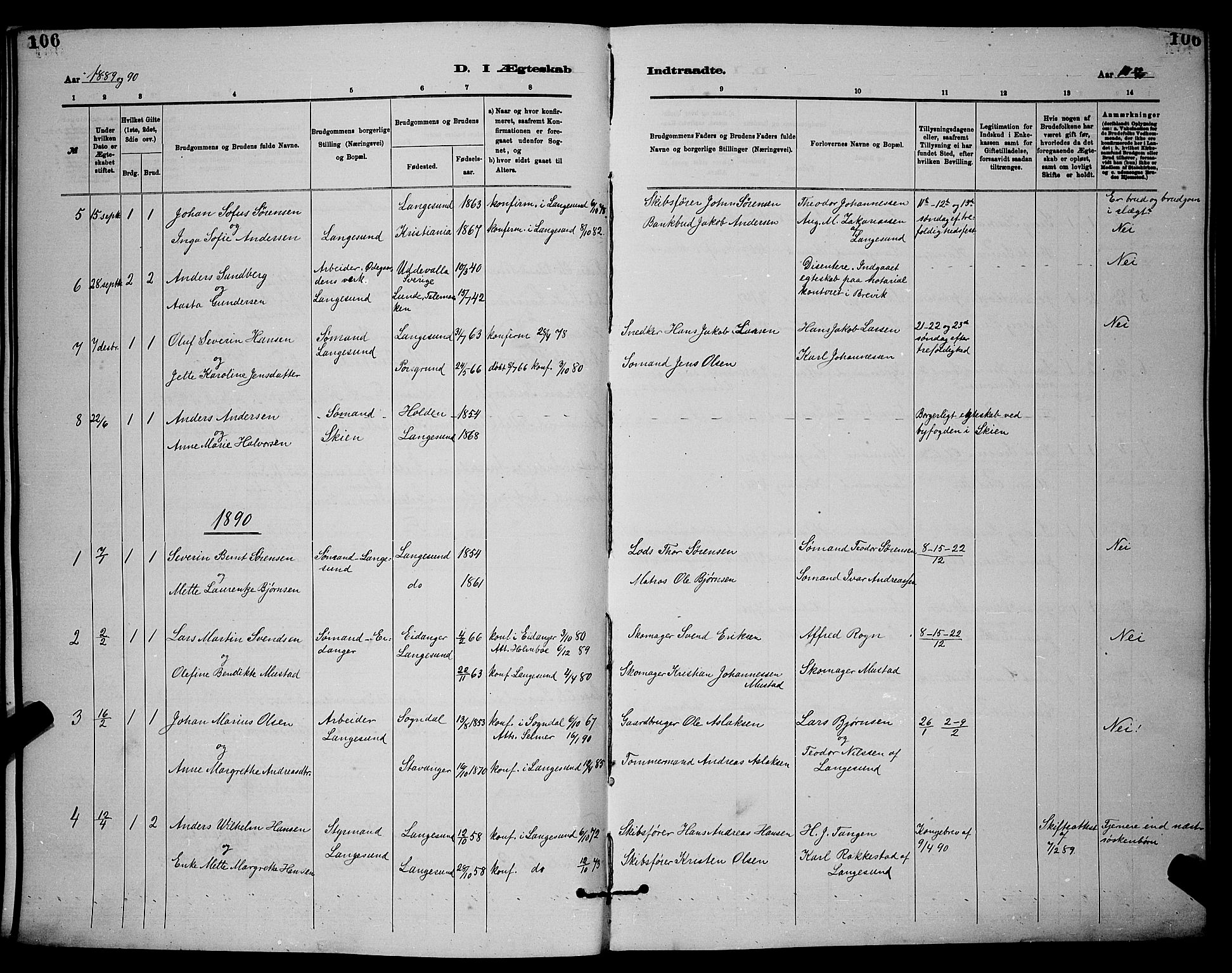 Langesund kirkebøker, SAKO/A-280/G/Ga/L0005: Parish register (copy) no. 5, 1884-1898, p. 106