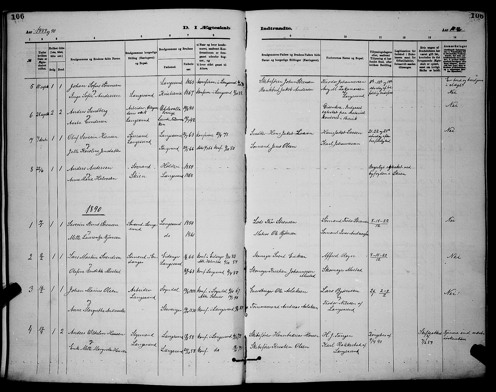 Langesund kirkebøker, AV/SAKO-A-280/G/Ga/L0005: Parish register (copy) no. 5, 1884-1898, p. 106