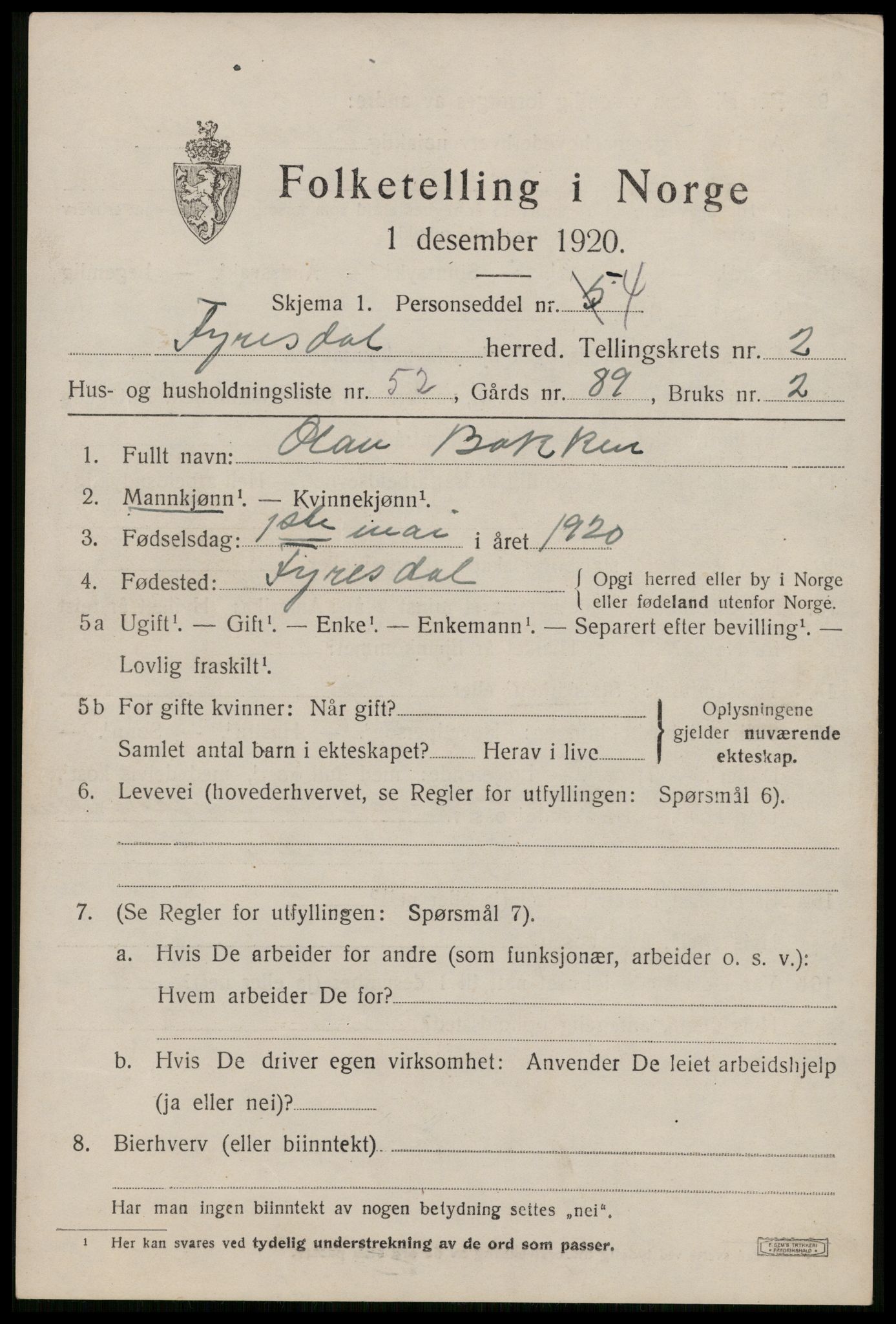 SAKO, 1920 census for Fyresdal, 1920, p. 1807