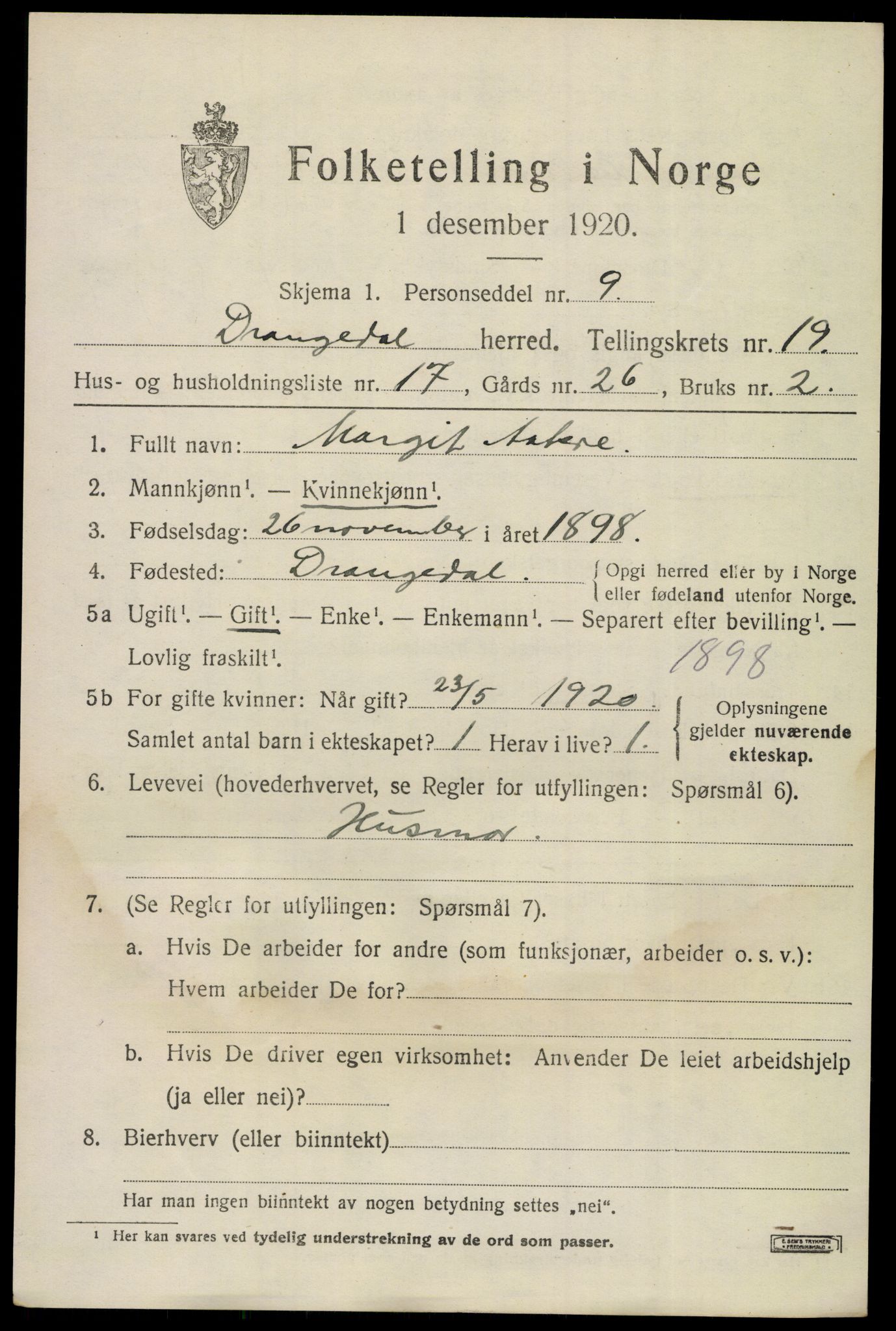 SAKO, 1920 census for Drangedal, 1920, p. 8691