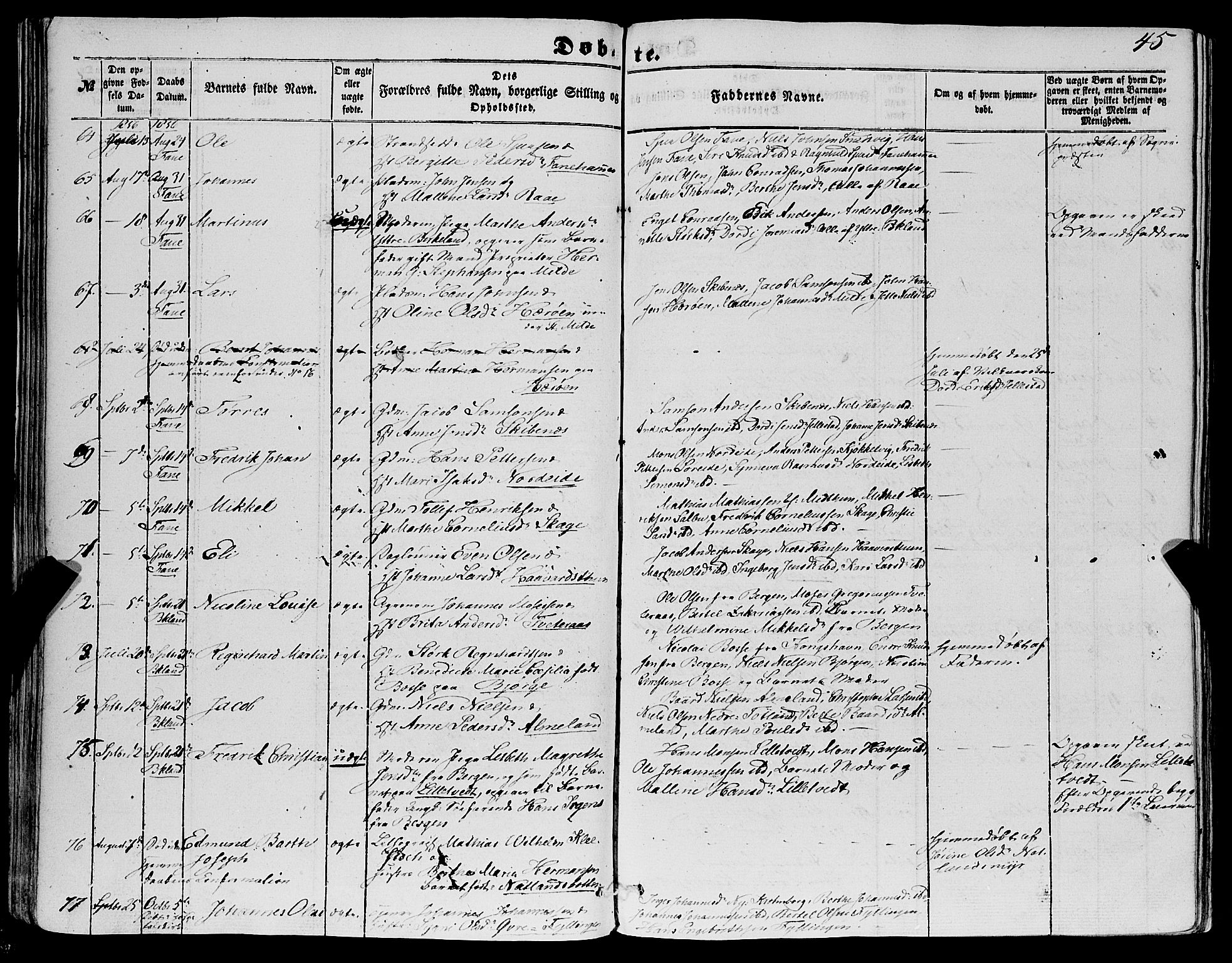 Fana Sokneprestembete, AV/SAB-A-75101/H/Haa/Haaa/L0011: Parish register (official) no. A 11, 1851-1862, p. 45