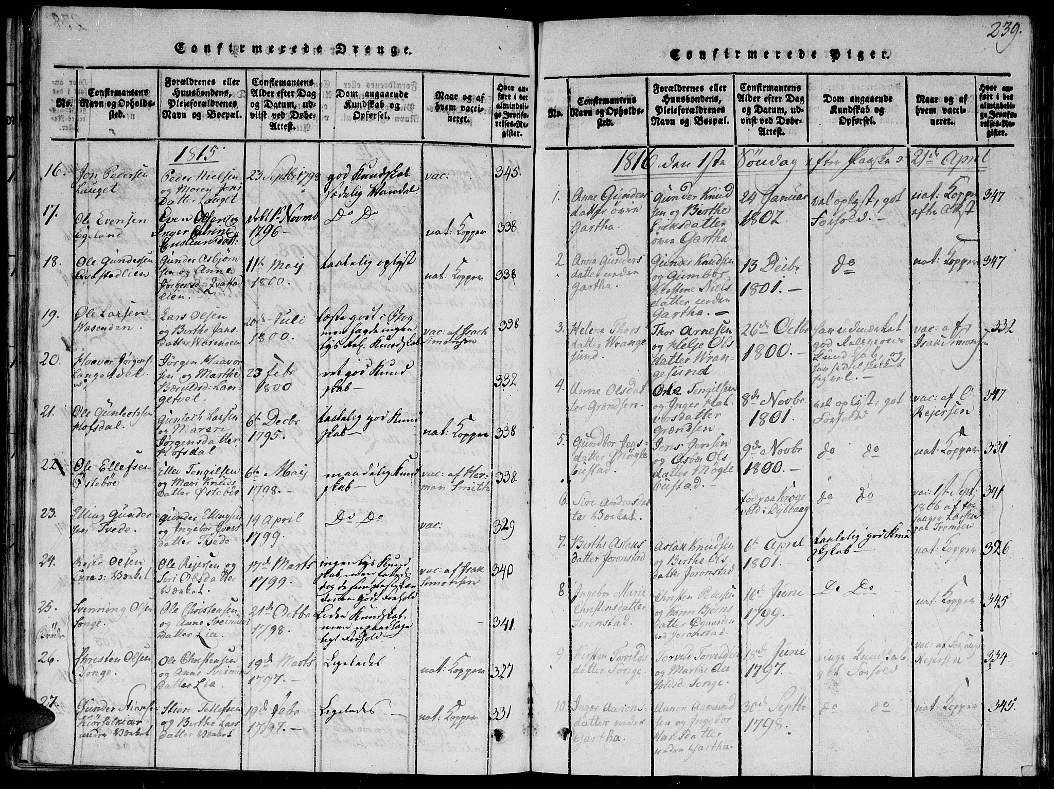 Holt sokneprestkontor, AV/SAK-1111-0021/F/Fb/L0006: Parish register (copy) no. B 6, 1813-1823, p. 239