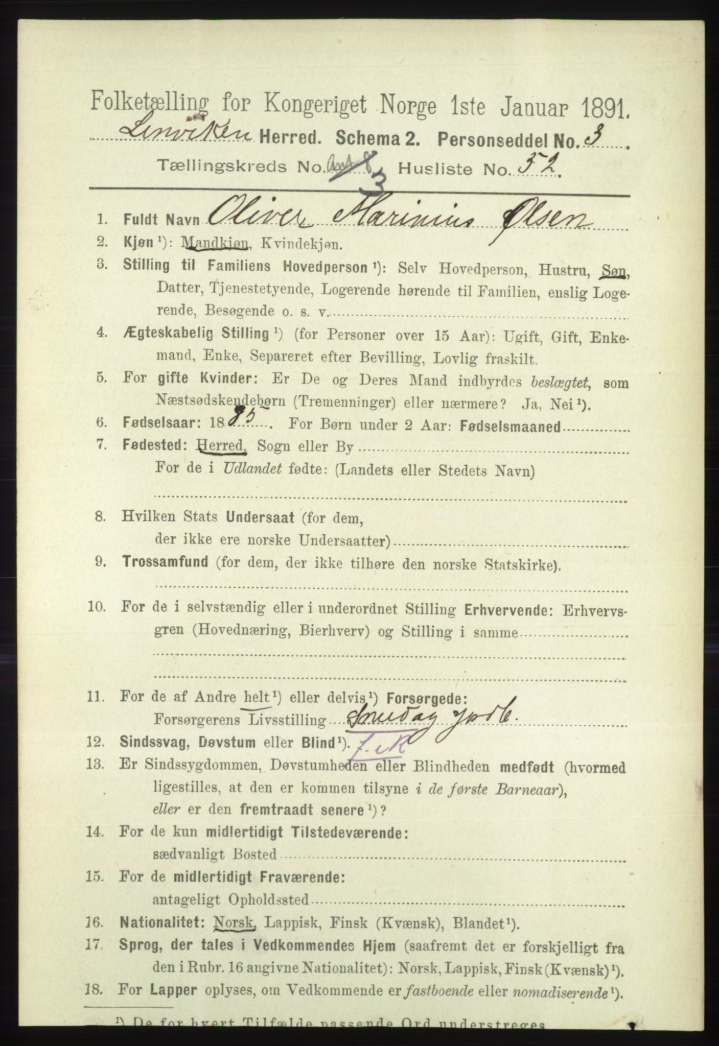 RA, 1891 census for 1931 Lenvik, 1891, p. 1707