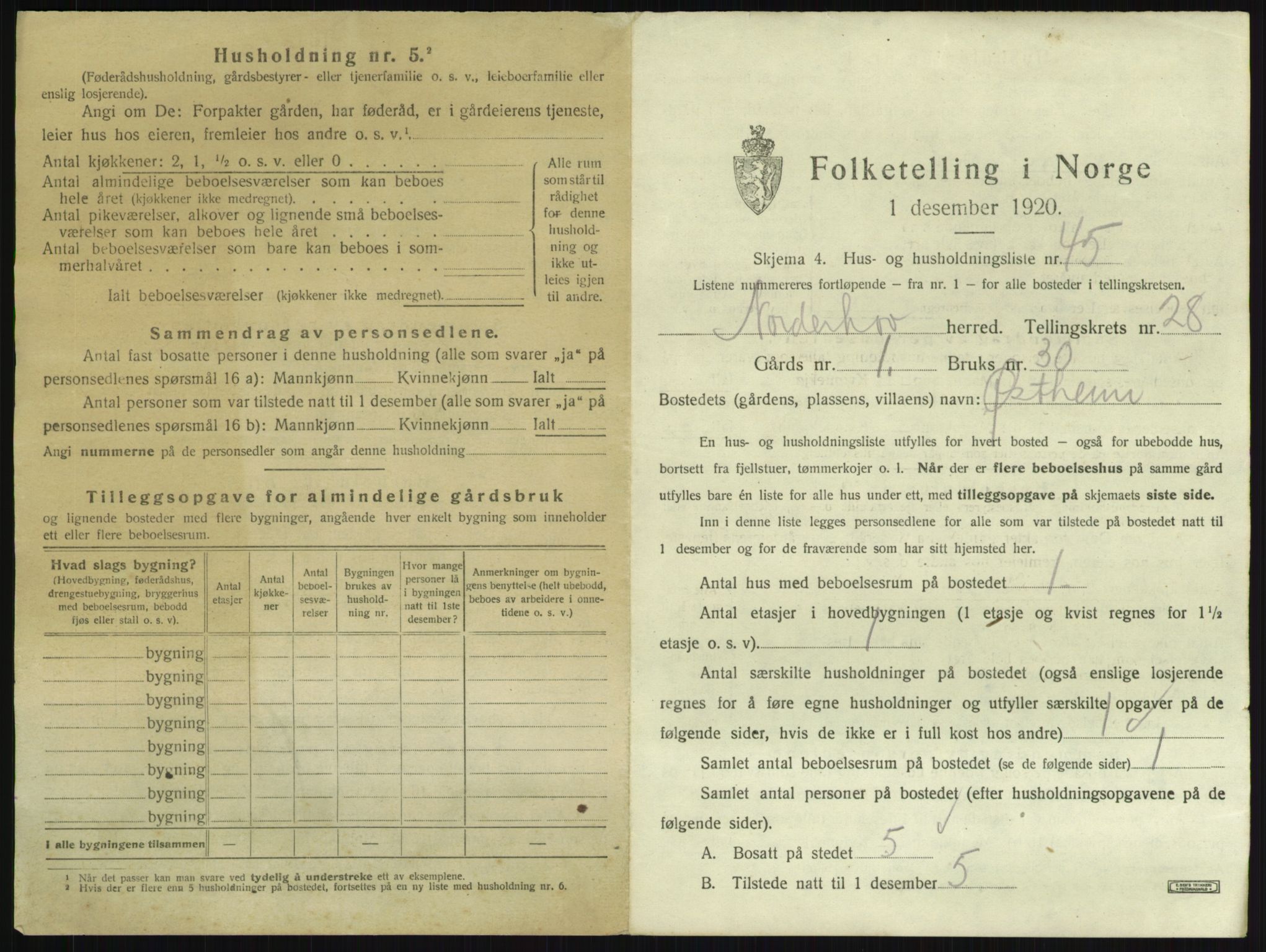 SAKO, 1920 census for Norderhov, 1920, p. 3604