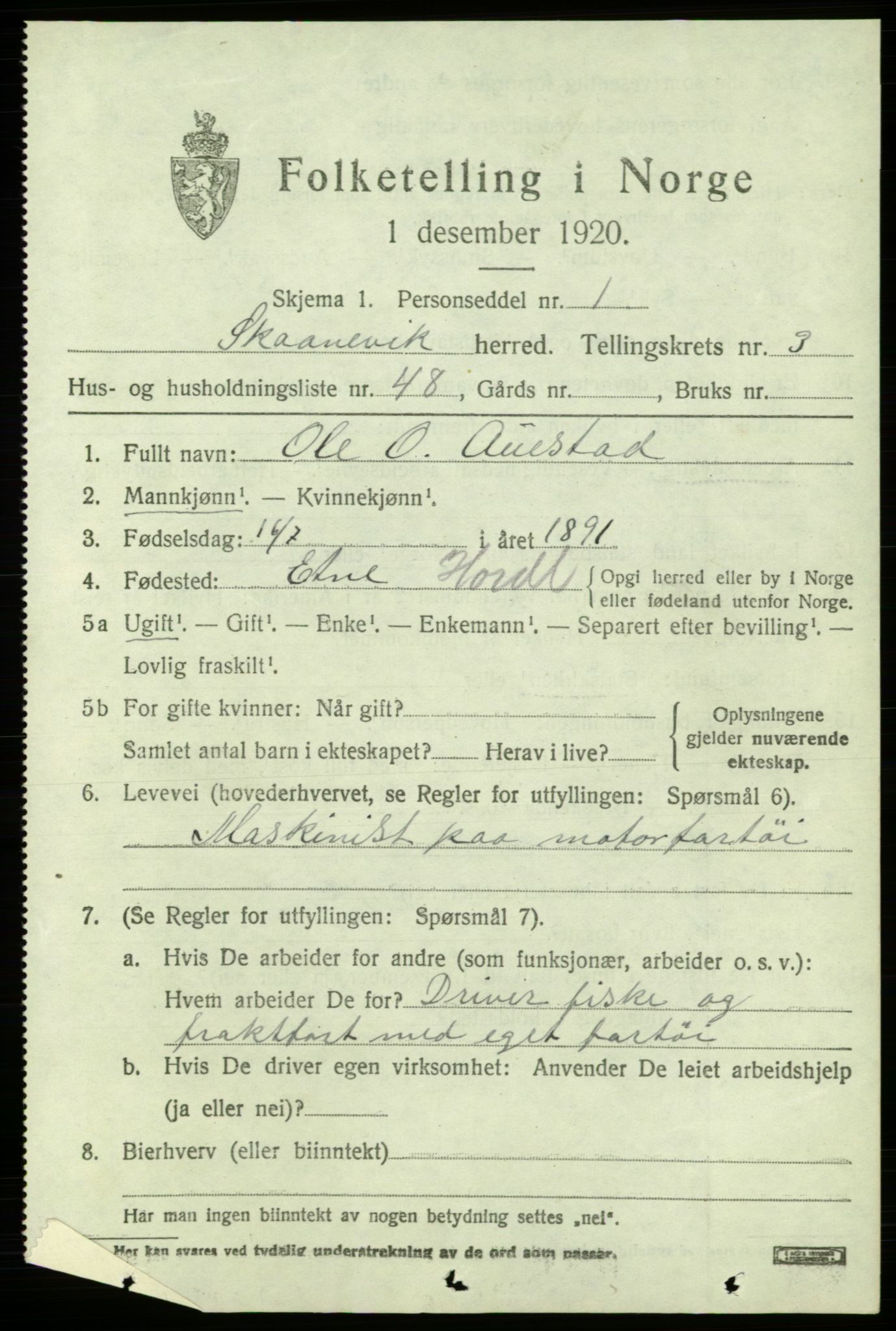 SAB, 1920 census for Skånevik, 1920, p. 3297