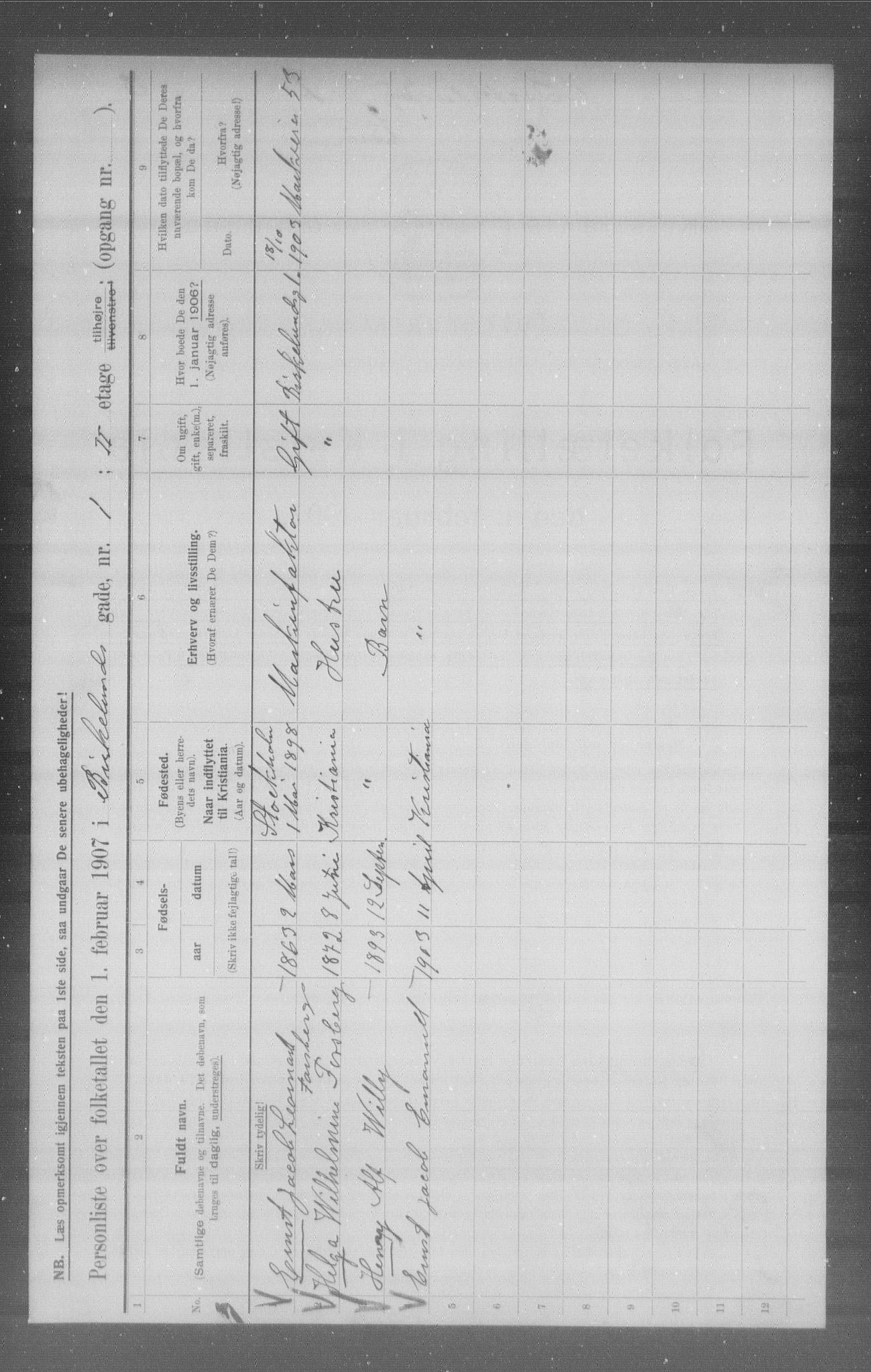 OBA, Municipal Census 1907 for Kristiania, 1907, p. 2825