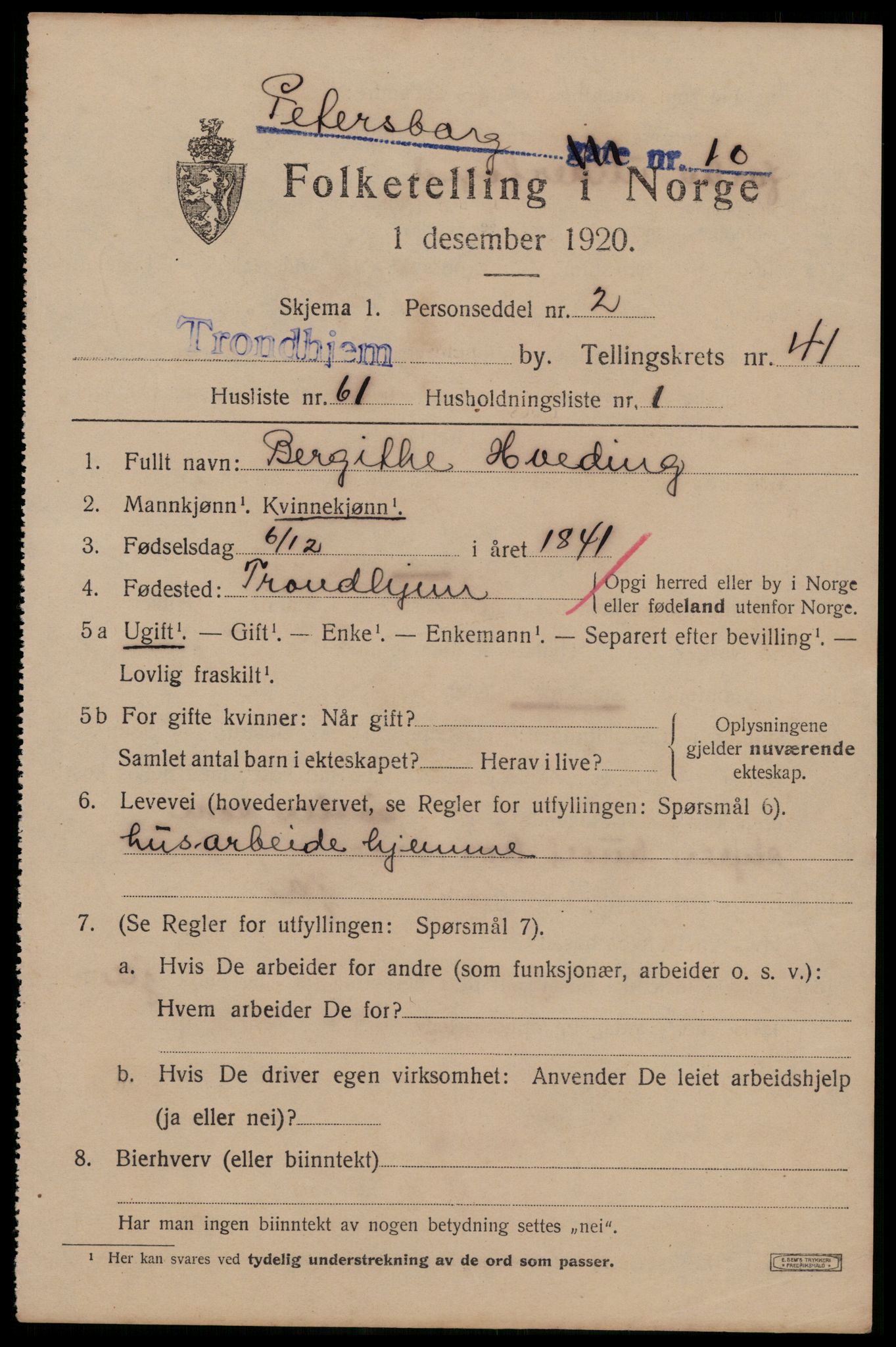 SAT, 1920 census for Trondheim, 1920, p. 92064