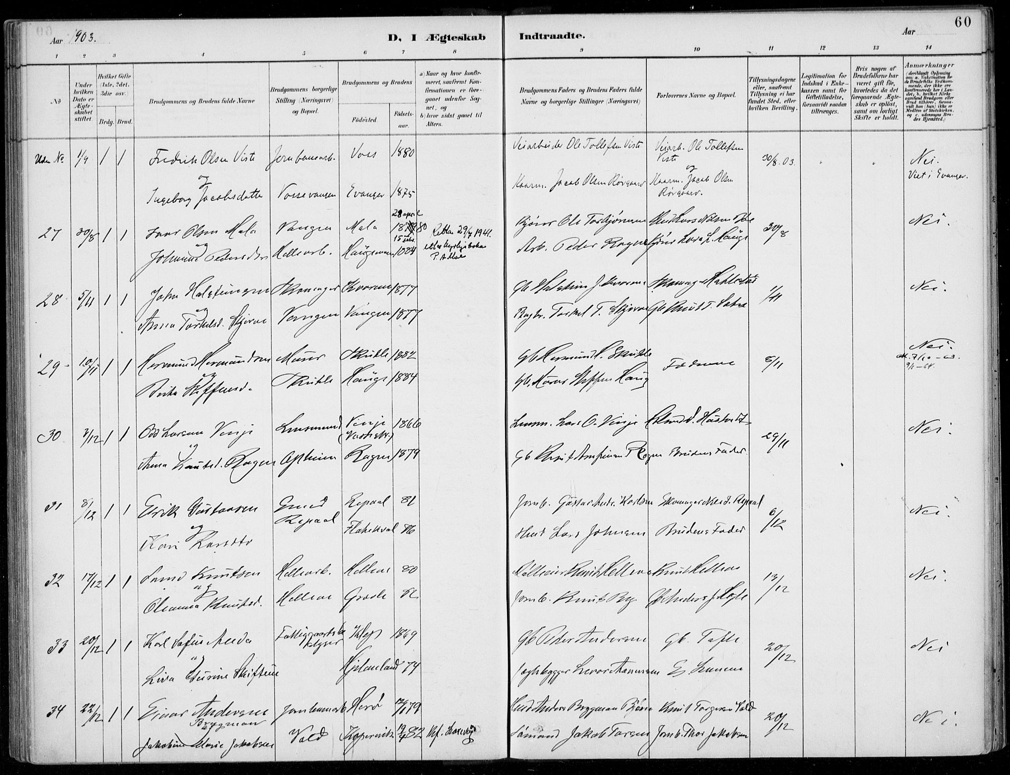 Voss sokneprestembete, SAB/A-79001/H/Haa: Parish register (official) no. C  1, 1887-1915, p. 60