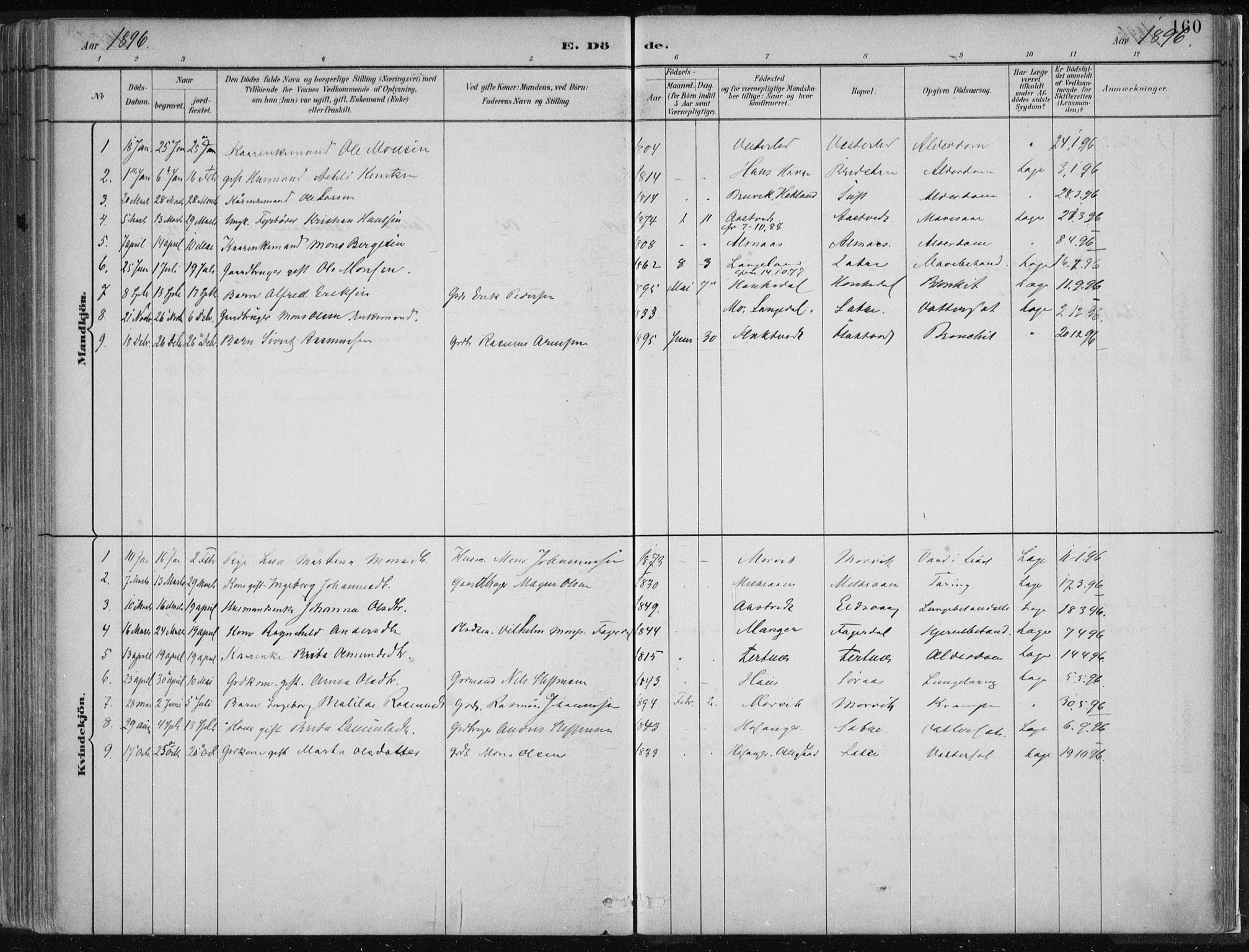 Hamre sokneprestembete, AV/SAB-A-75501/H/Ha/Haa/Haad/L0001: Parish register (official) no. D  1, 1882-1906, p. 160