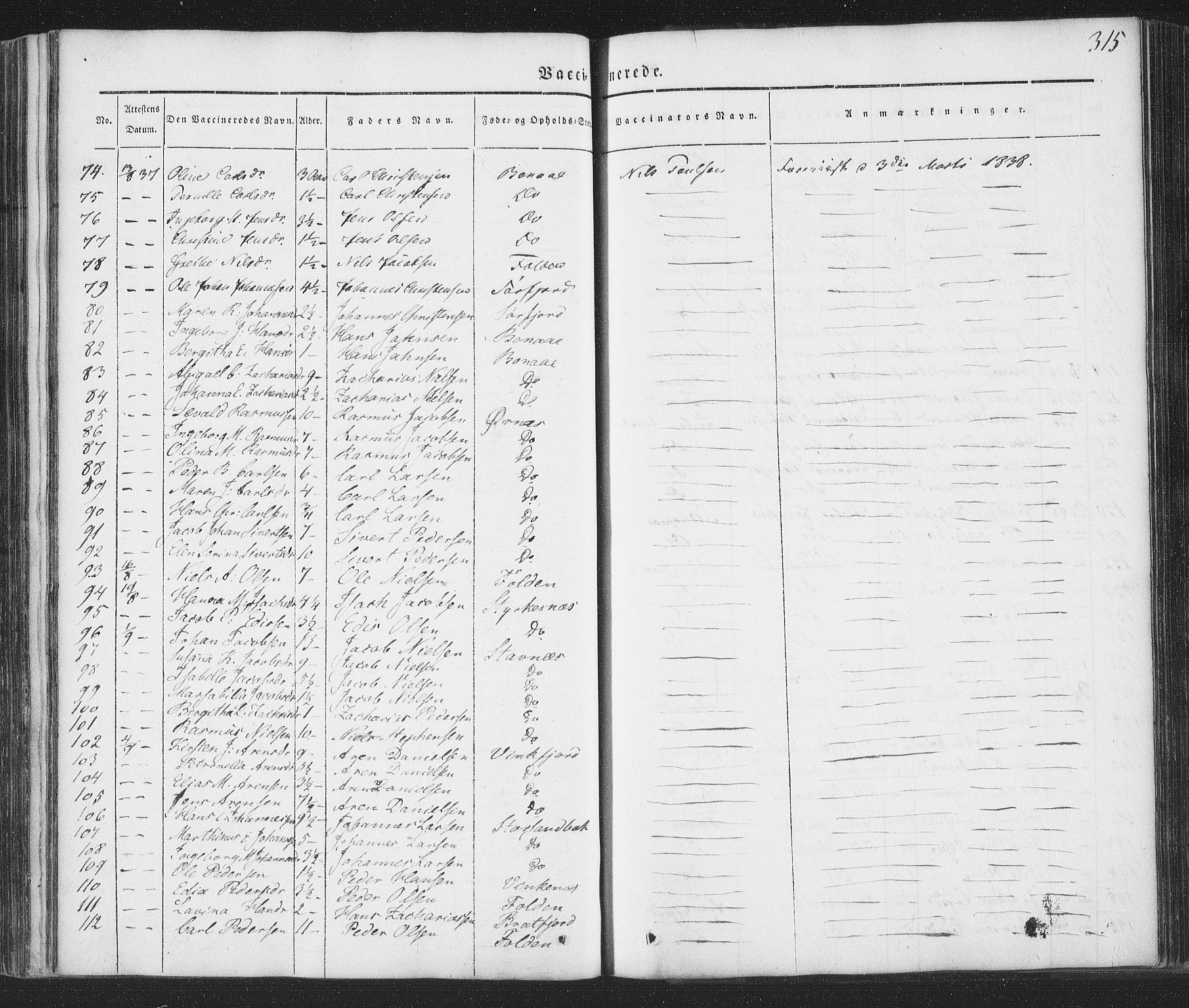 Ministerialprotokoller, klokkerbøker og fødselsregistre - Nordland, AV/SAT-A-1459/853/L0769: Parish register (official) no. 853A08, 1836-1856, p. 315