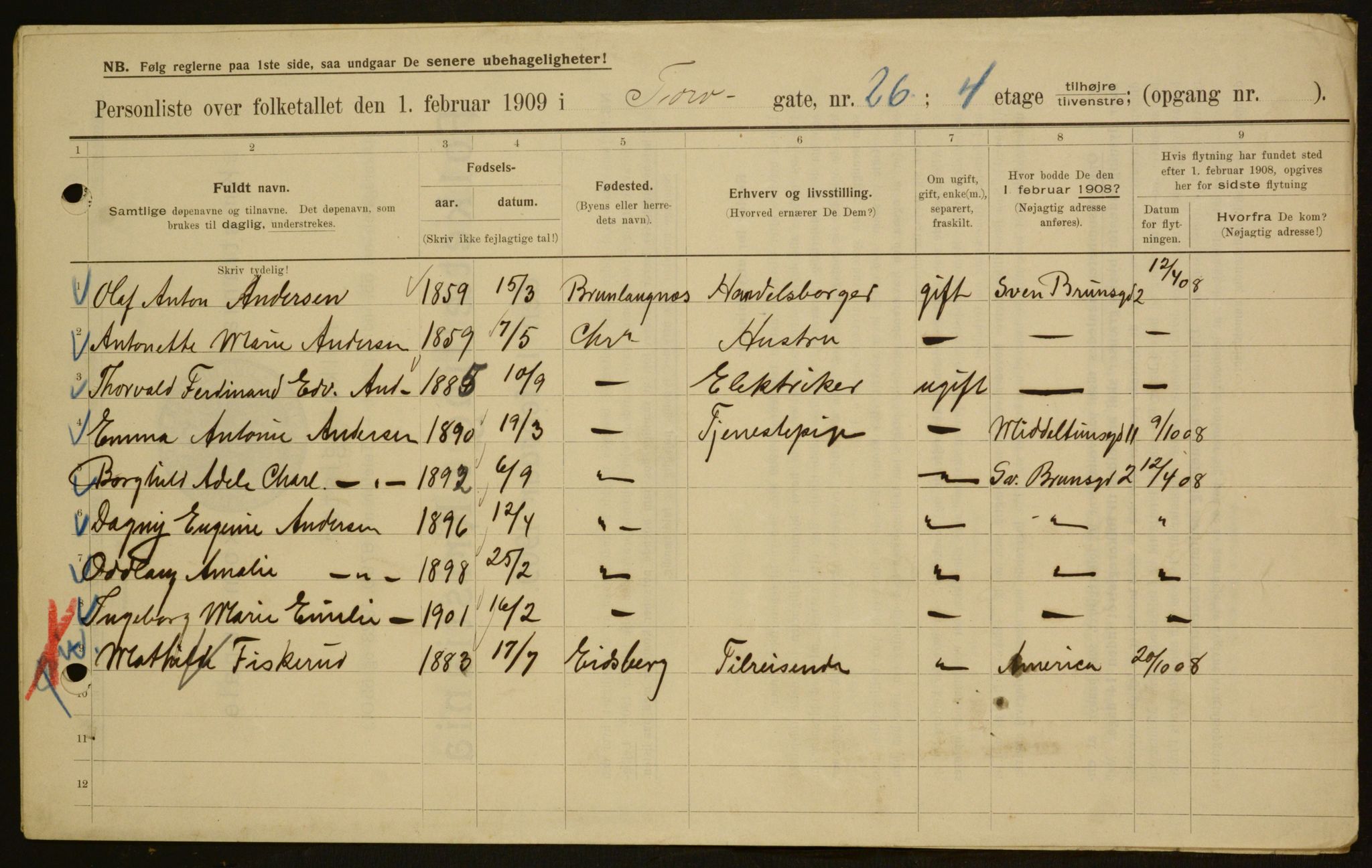 OBA, Municipal Census 1909 for Kristiania, 1909, p. 103527