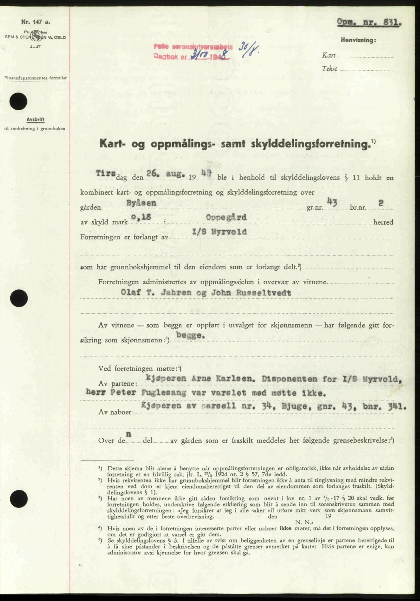 Follo sorenskriveri, SAO/A-10274/G/Ga/Gaa/L0085: Mortgage book no. I 85, 1948-1948, Diary no: : 3100/1948