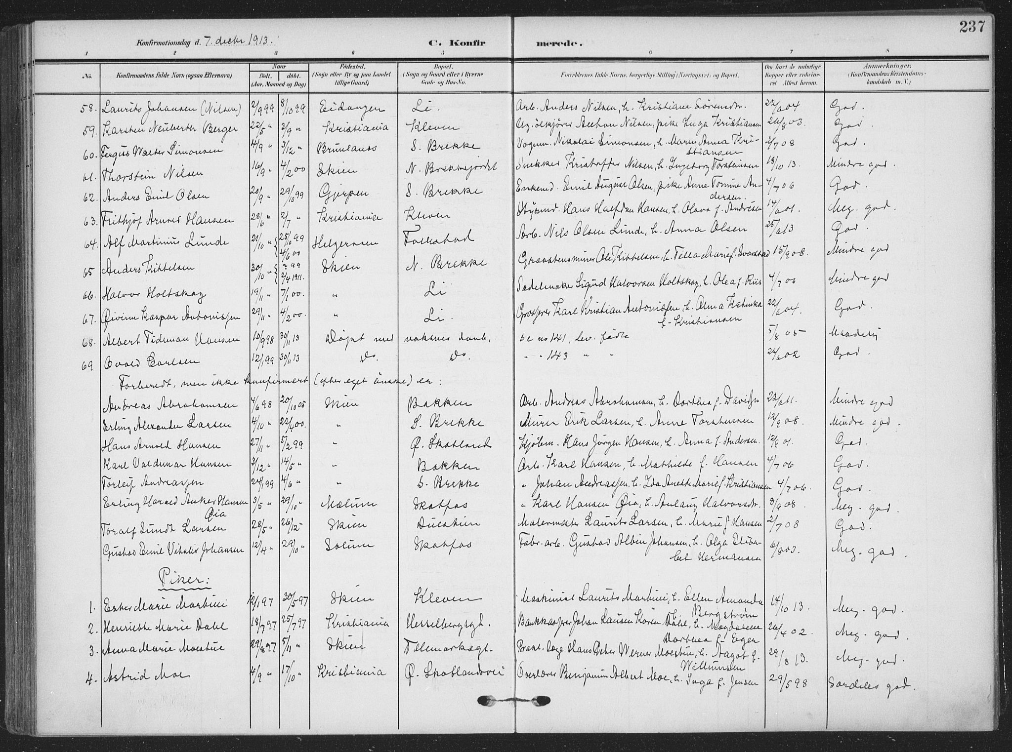 Skien kirkebøker, AV/SAKO-A-302/F/Fa/L0012: Parish register (official) no. 12, 1908-1914, p. 237