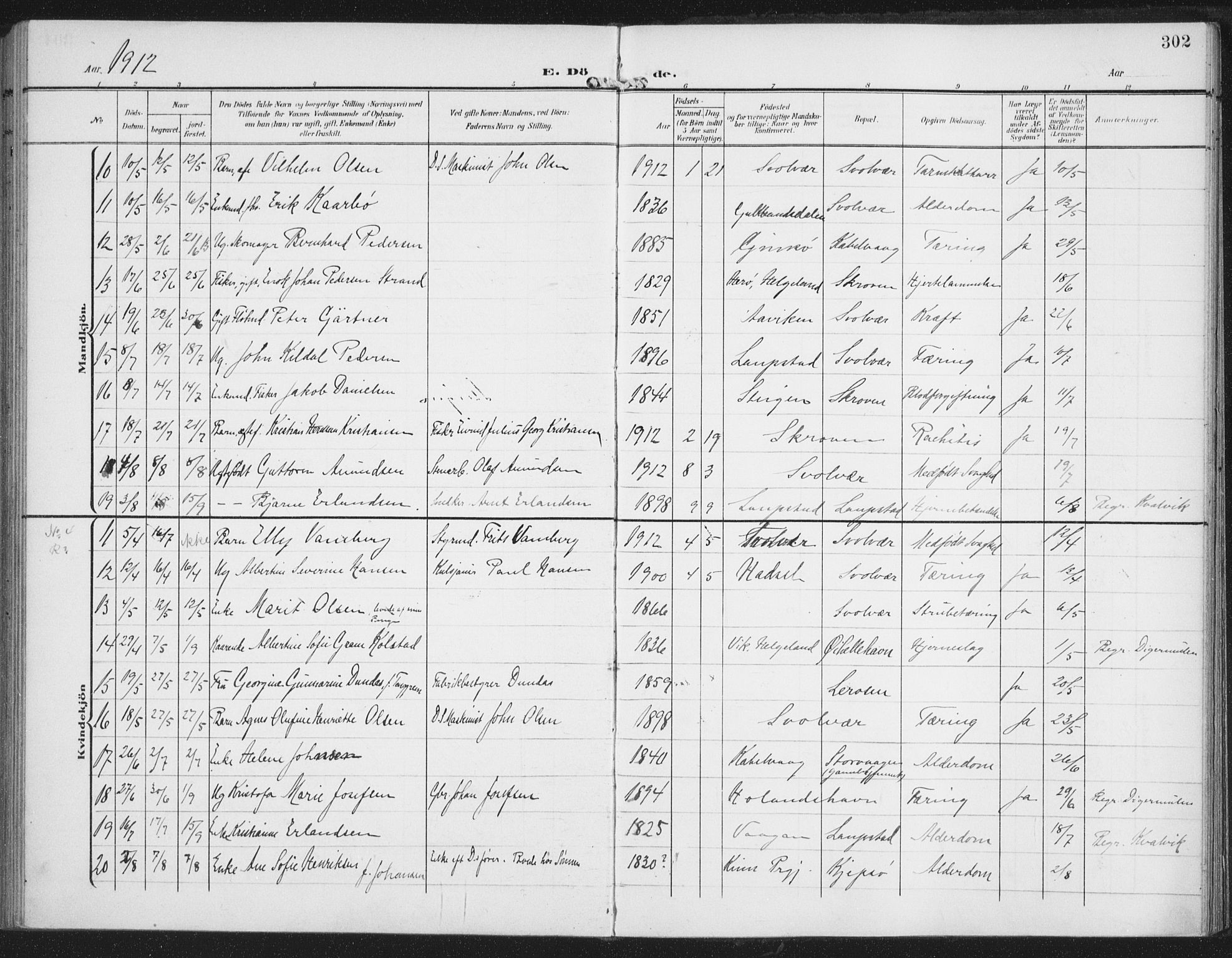 Ministerialprotokoller, klokkerbøker og fødselsregistre - Nordland, AV/SAT-A-1459/874/L1063: Parish register (official) no. 874A07, 1907-1915, p. 302